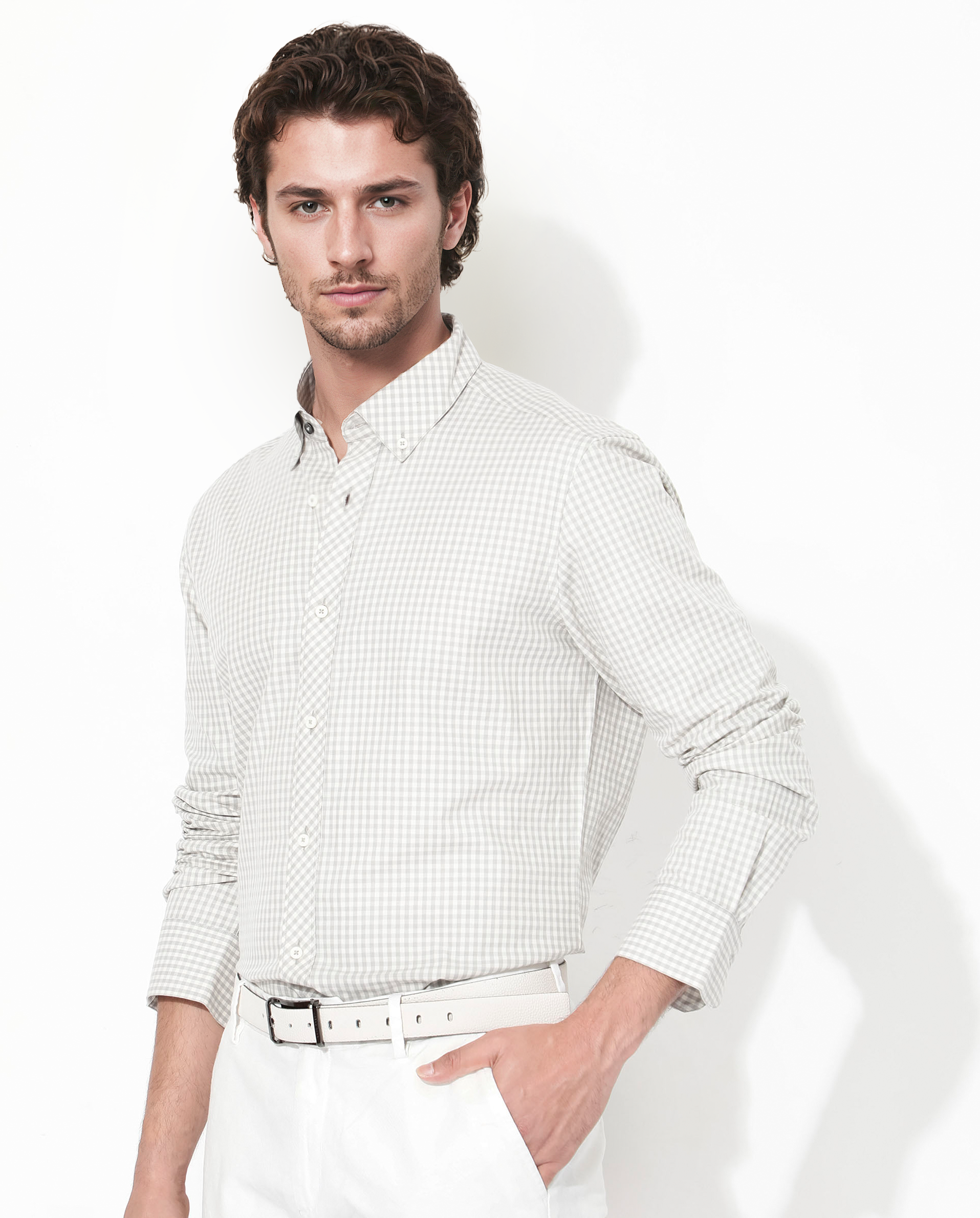 Rare Rabbit Mens Grino Grey Cotton Fabric Full Sleeve Regular Fit Gingham Checks Shirt