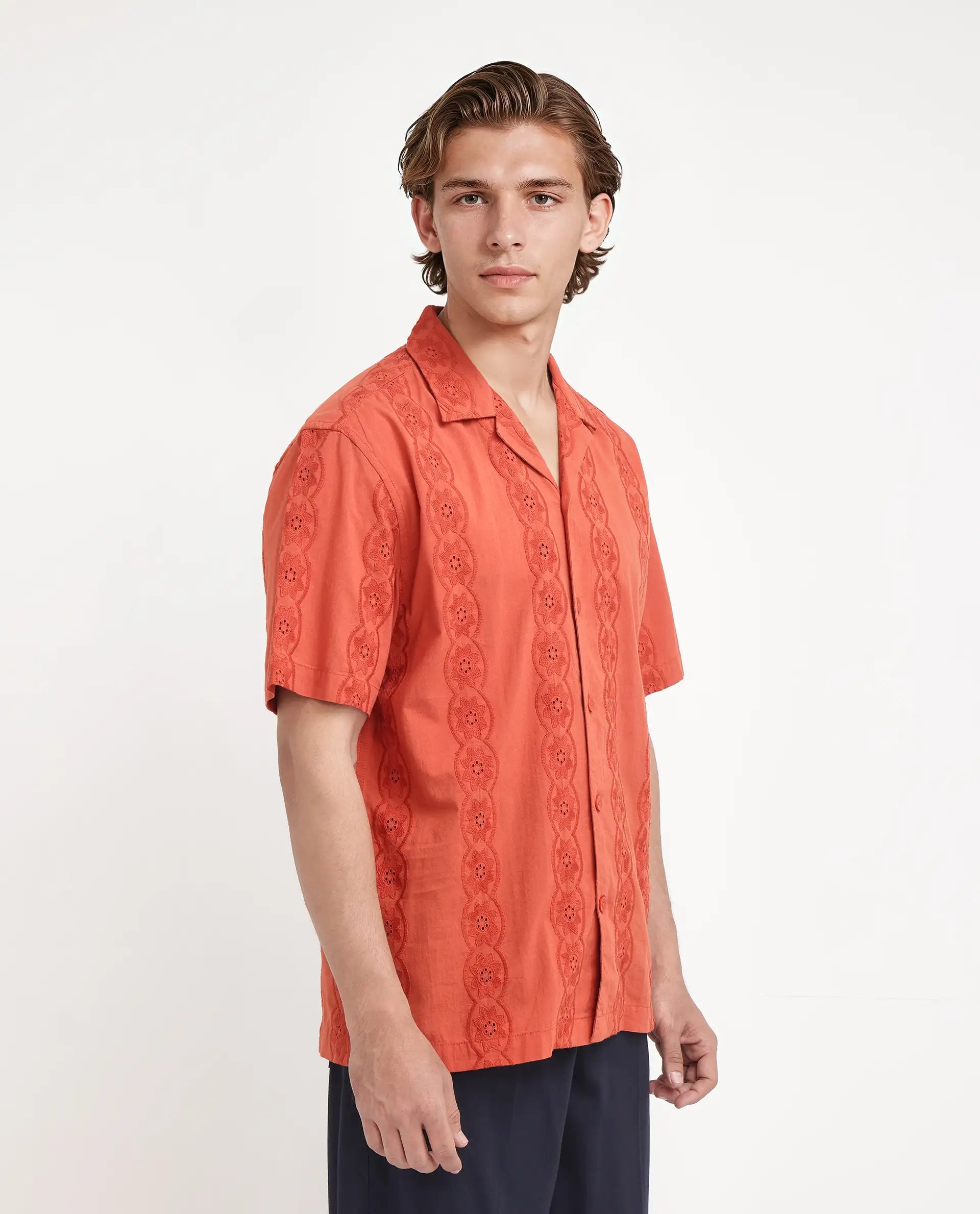 Rare Rabbit Men's Grin Orange Cotton Fabric Half Sleeve Spread Collar Button Closure Regular Fit Embroidered Shirt