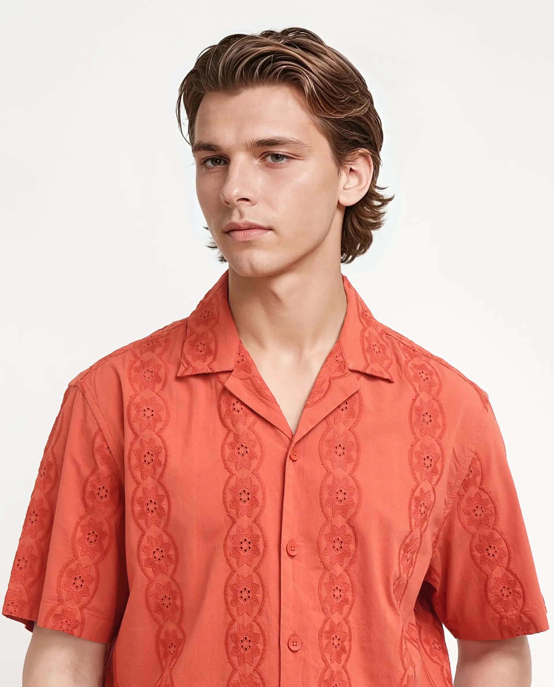 Rare Rabbit Men's Grin Orange Cotton Fabric Half Sleeve Spread Collar Button Closure Regular Fit Embroidered Shirt