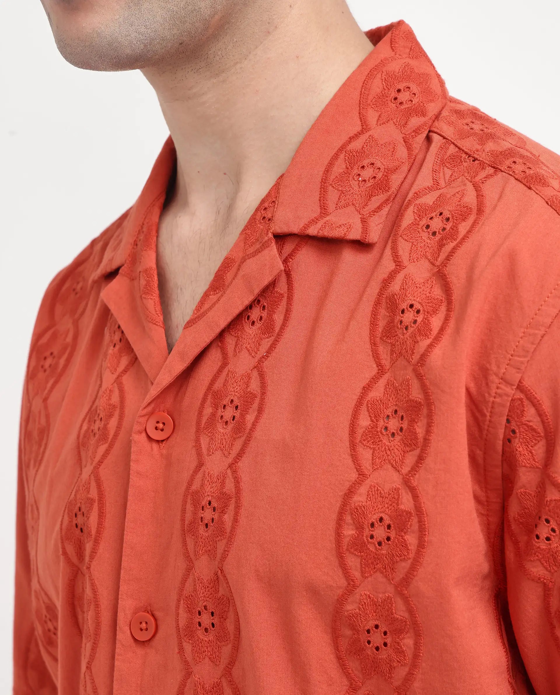Rare Rabbit Men's Grin Orange Cotton Fabric Half Sleeve Spread Collar Button Closure Regular Fit Embroidered Shirt