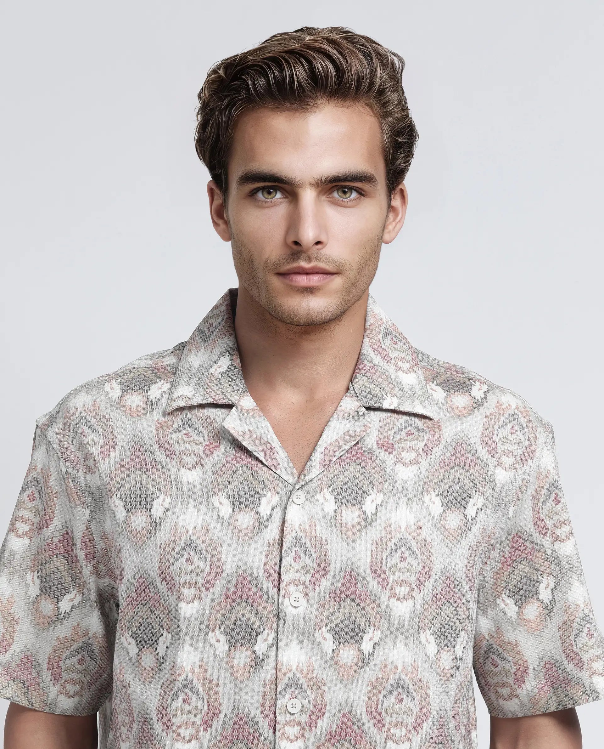 Rare Rabbit Men's Grit Beige Cotton Fabric Short Sleeve Collared Neck Button Closure Printed Shirt