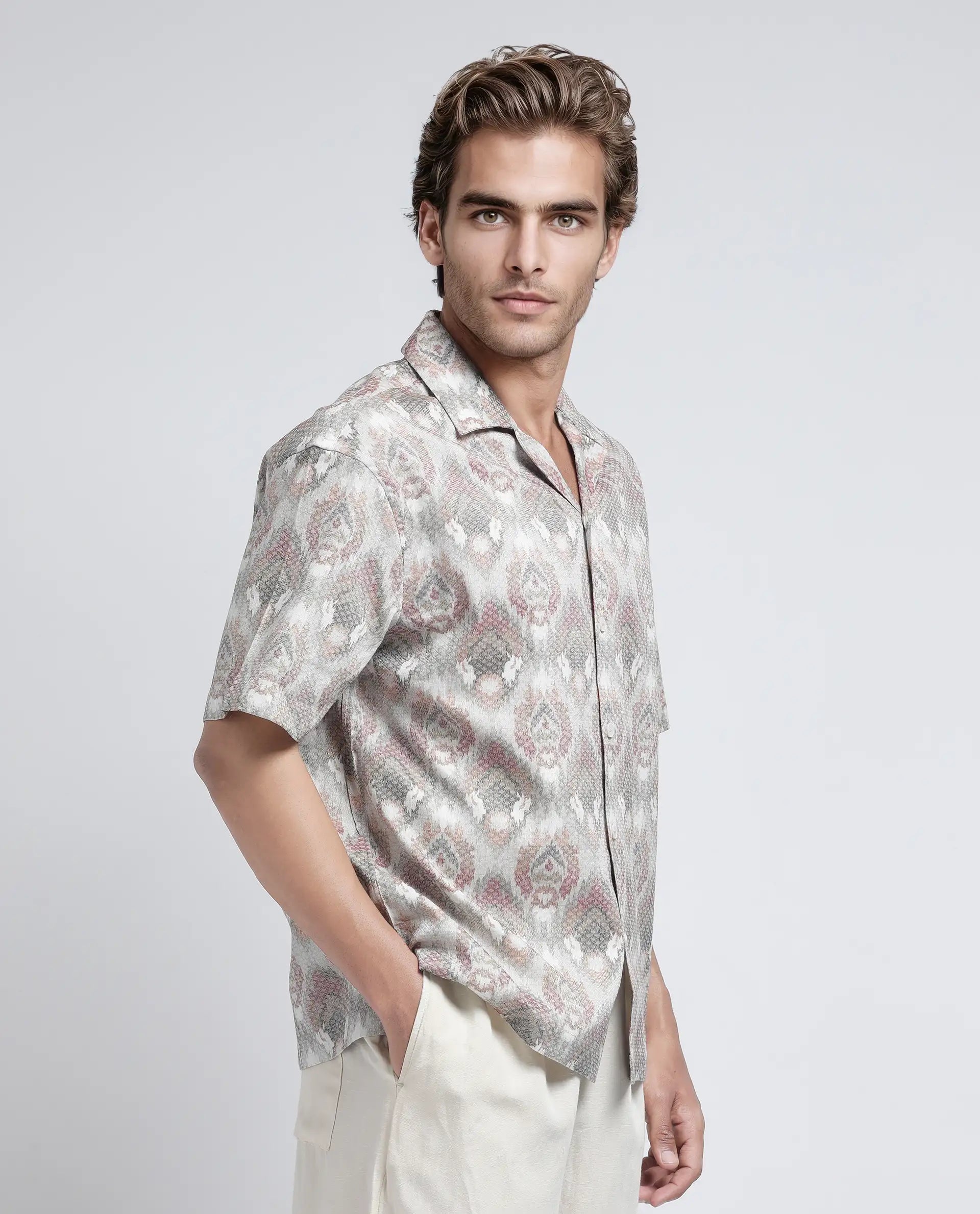 Rare Rabbit Men's Grit Beige Cotton Fabric Short Sleeve Collared Neck Button Closure Printed Shirt