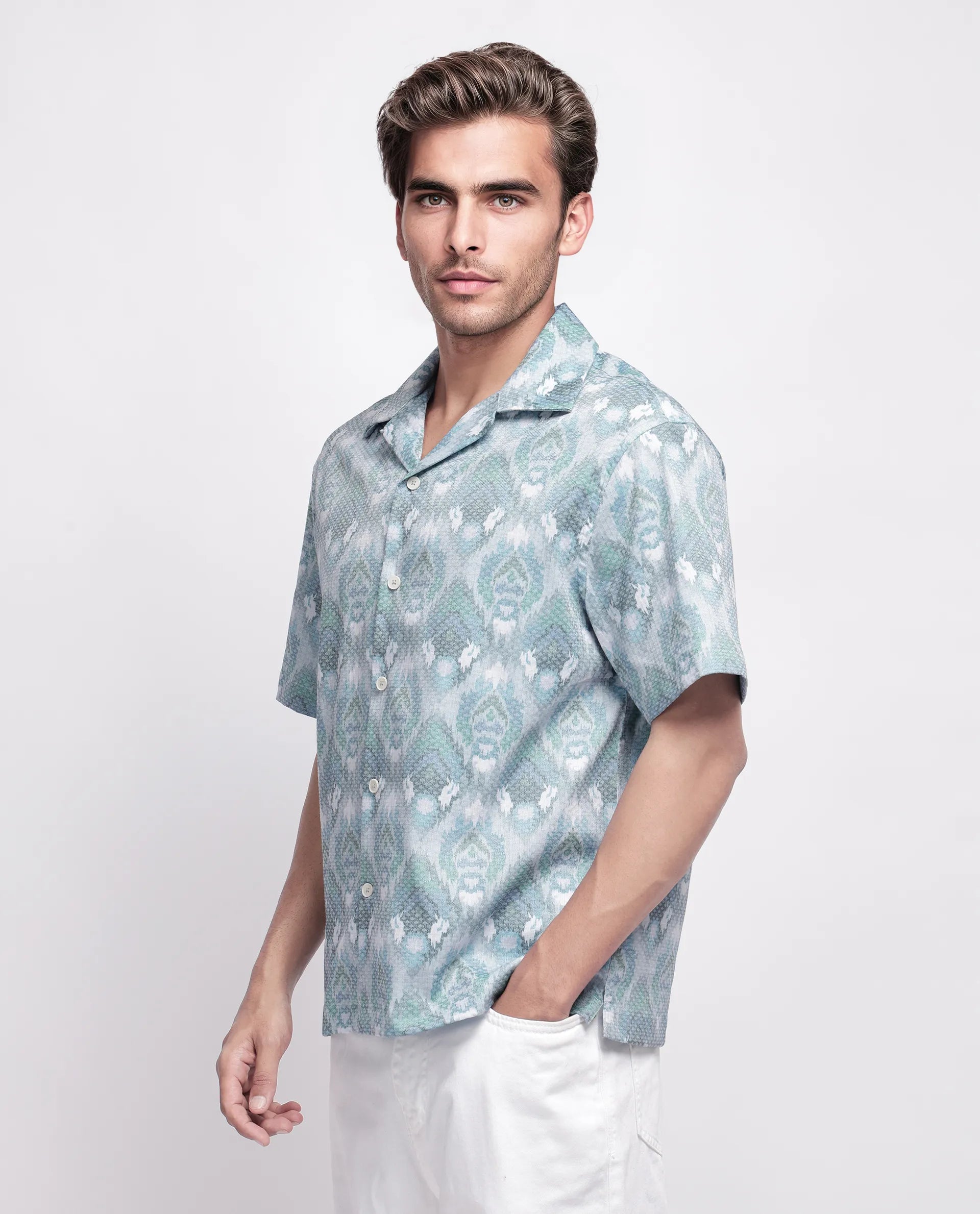 Rare Rabbit Men's Grit Blue Cotton Abstract Print Relaxed Fit Half Sleeve Cuban Collar Shirt