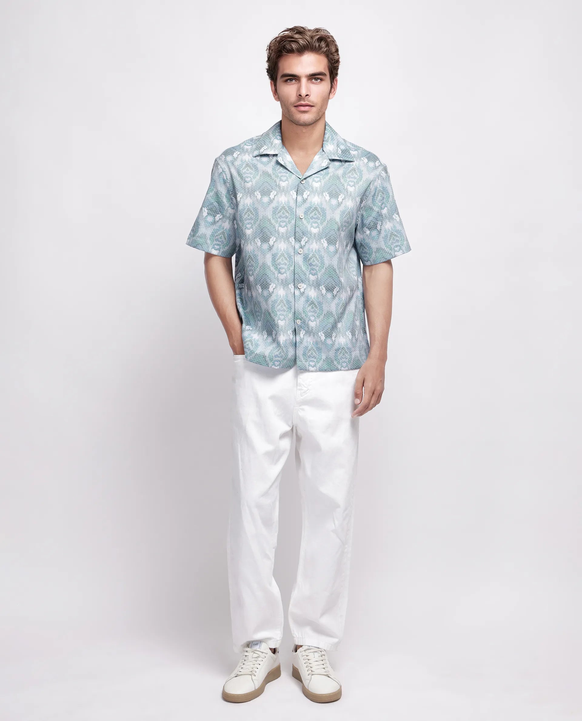 Rare Rabbit Men's Grit Blue Cotton Abstract Print Relaxed Fit Half Sleeve Cuban Collar Shirt