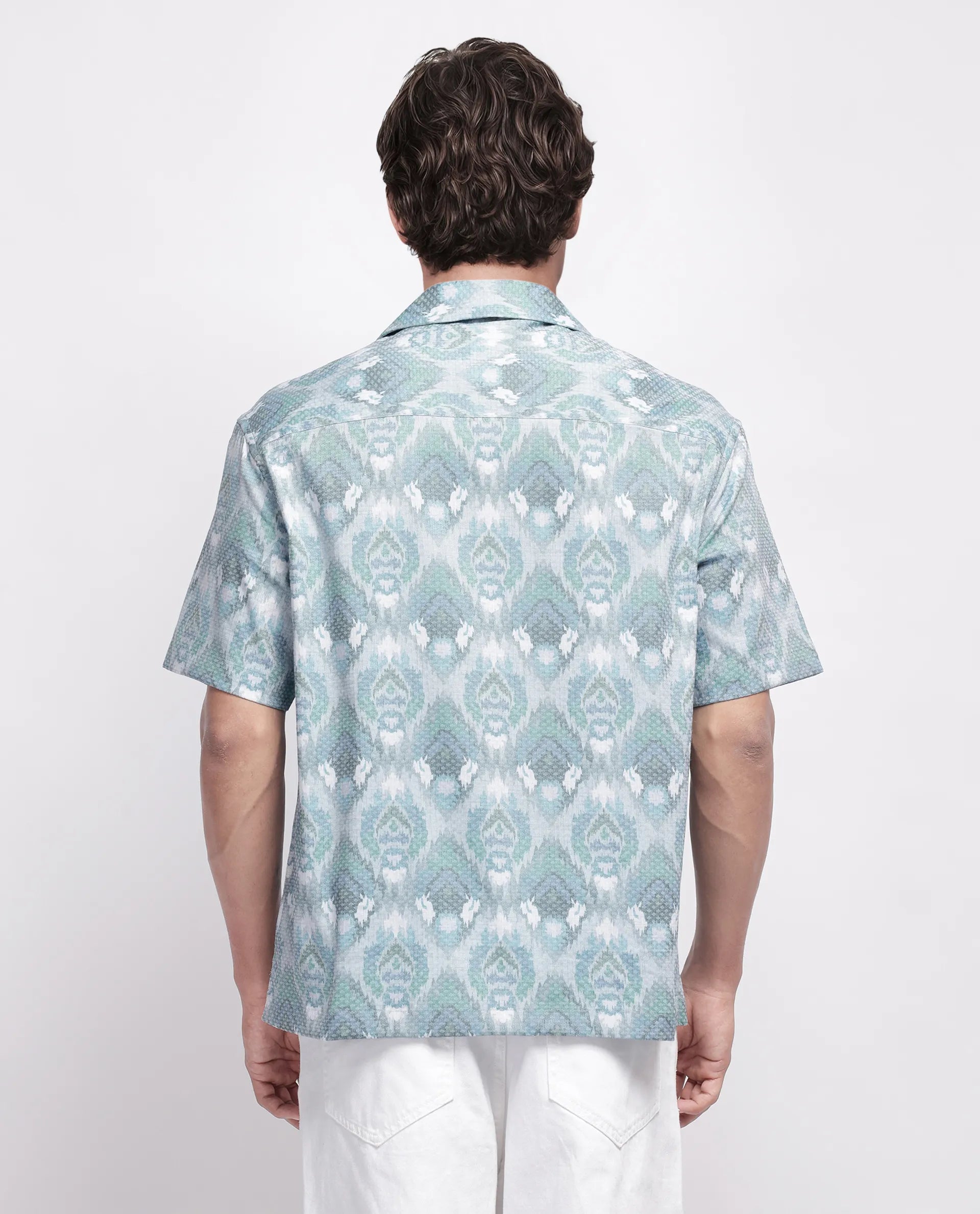 Rare Rabbit Men's Grit Blue Cotton Abstract Print Relaxed Fit Half Sleeve Cuban Collar Shirt