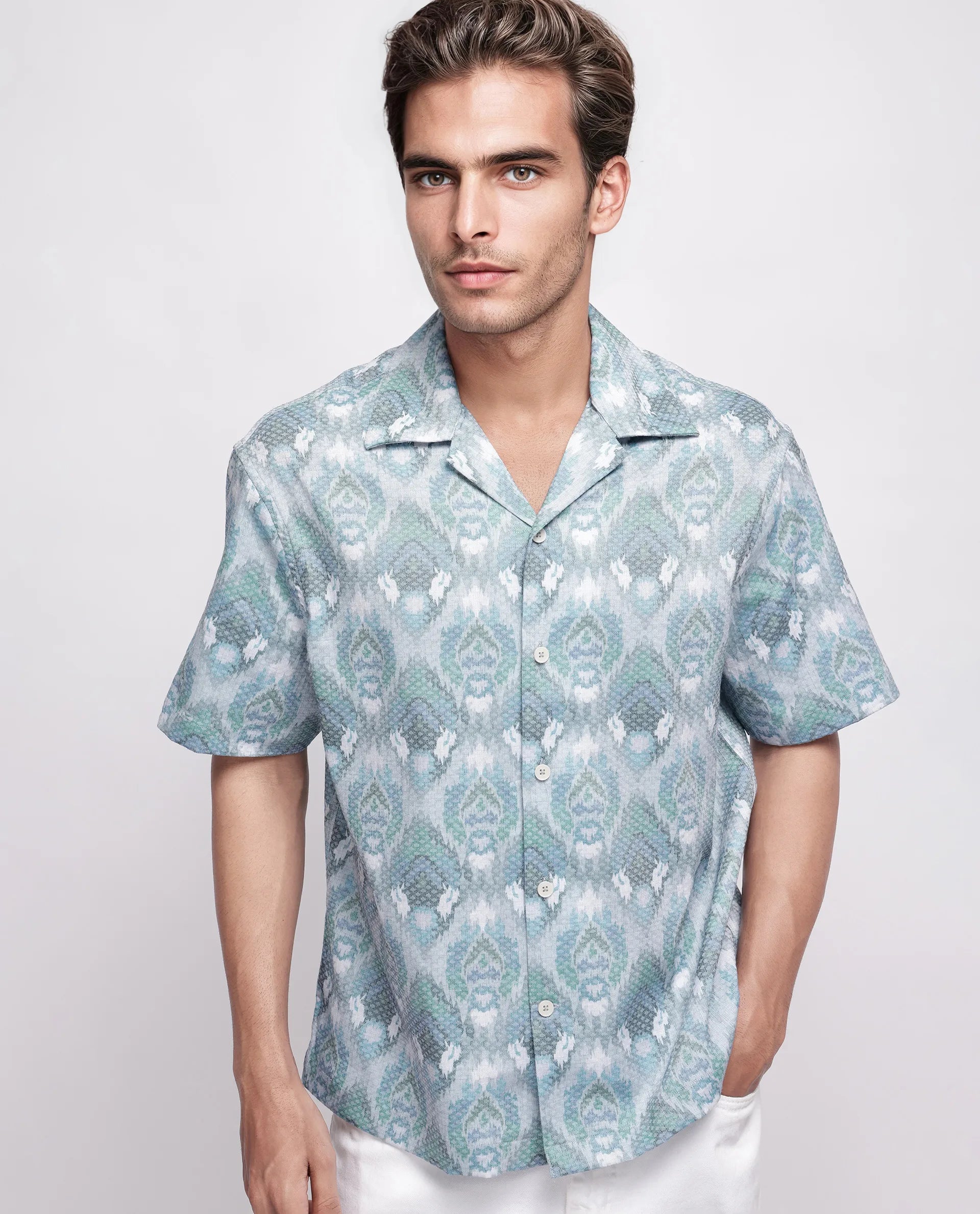 Rare Rabbit Men's Grit Blue Cotton Abstract Print Relaxed Fit Half Sleeve Cuban Collar Shirt