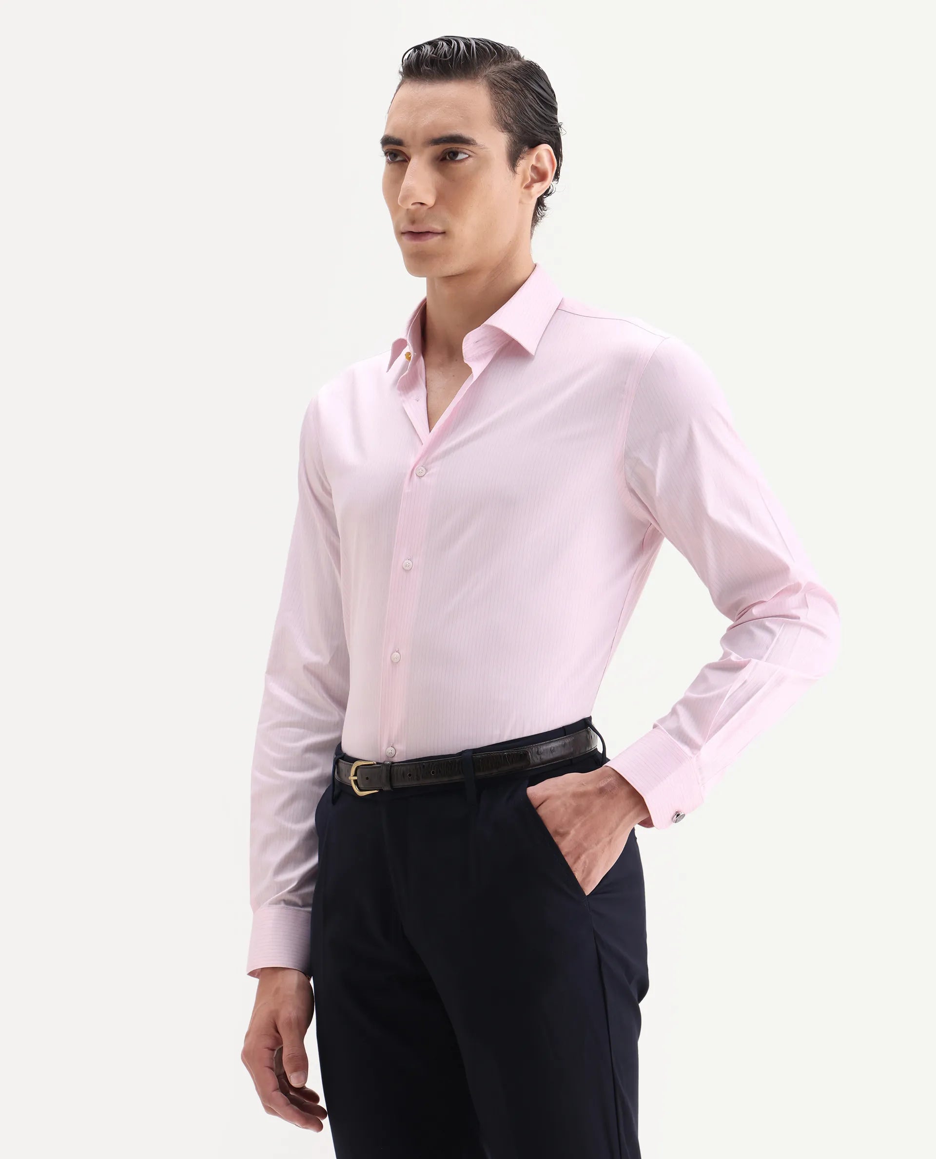 Rare Rabbit Men's Grol Pink Cotton Blend Fabric Collared Neck Regular Fit Striped Shirt
