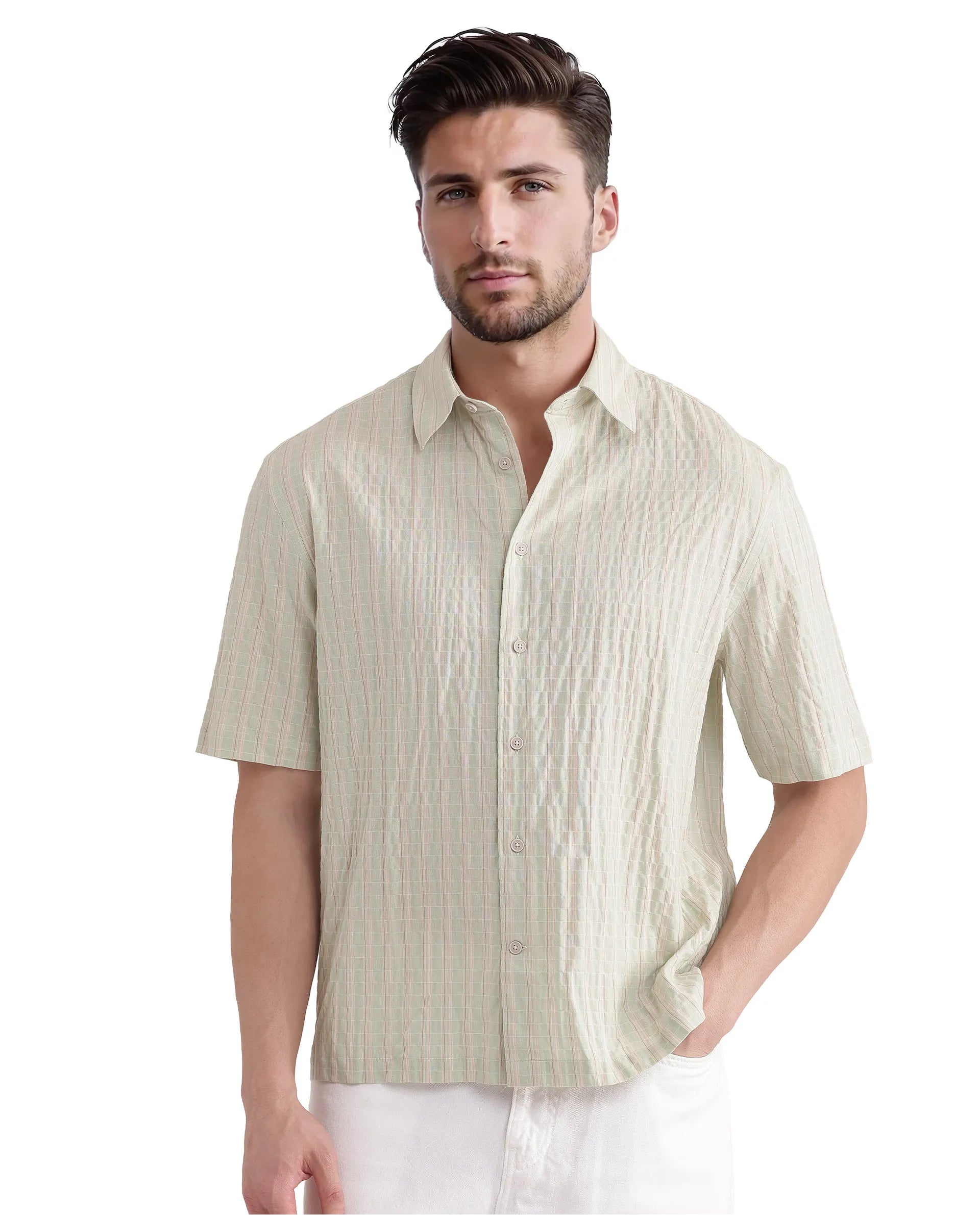 Rare Rabbit Men's Grolxan Pastel Green Cotton Fabric Half Sleeve Regular Collared Button Closure Seersucker Shirt