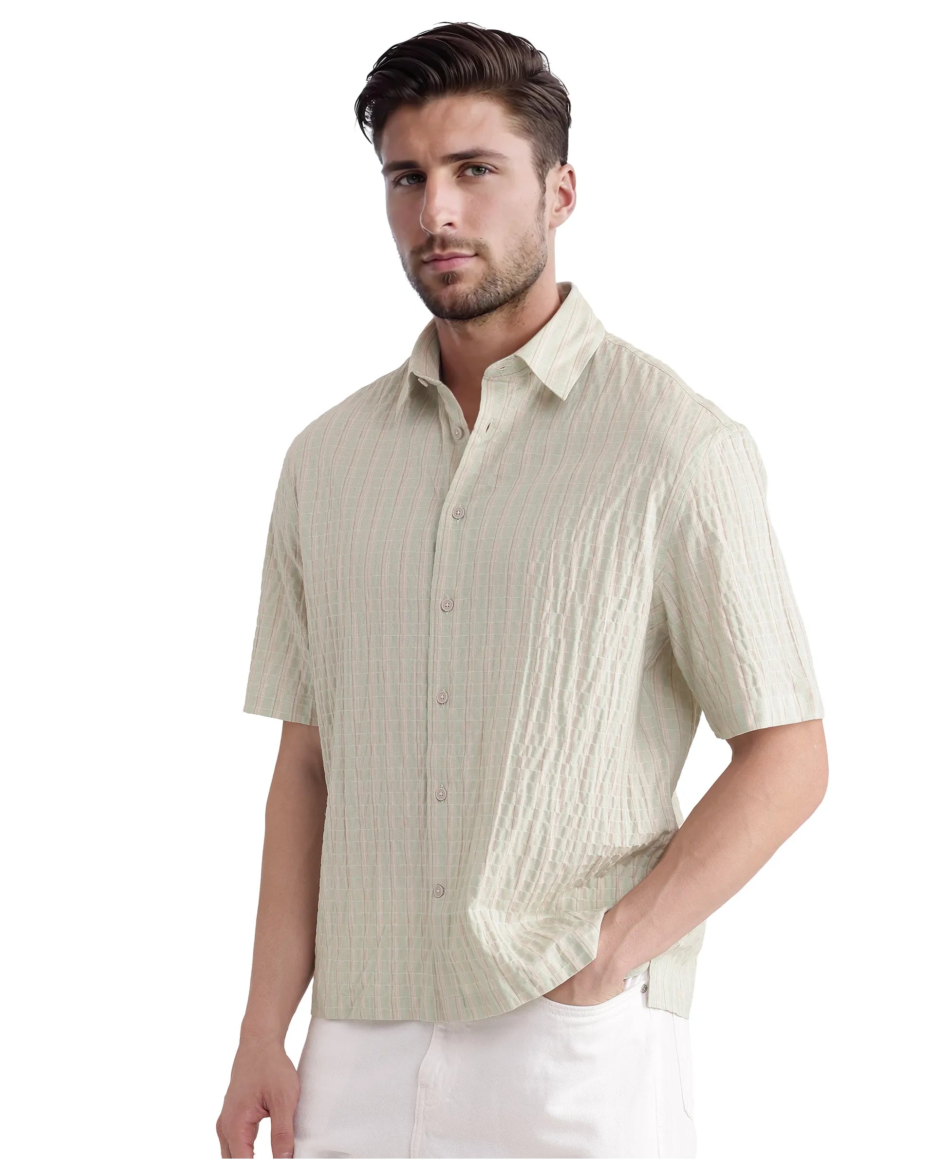 Rare Rabbit Men's Grolxan Pastel Green Cotton Fabric Half Sleeve Regular Collared Button Closure Seersucker Shirt