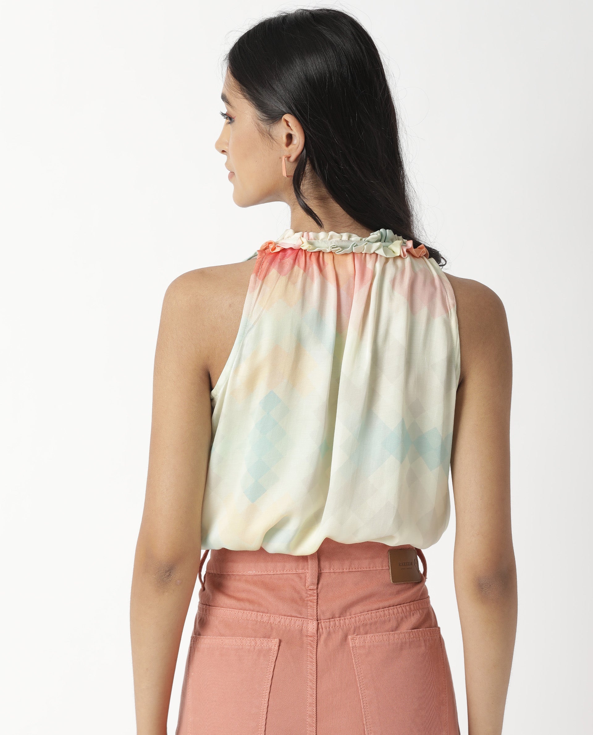 Rareism Women Groot Off White Modal Fabric Relaxed Fit Tie-Up Neck Sleeveless Abstract Print Top