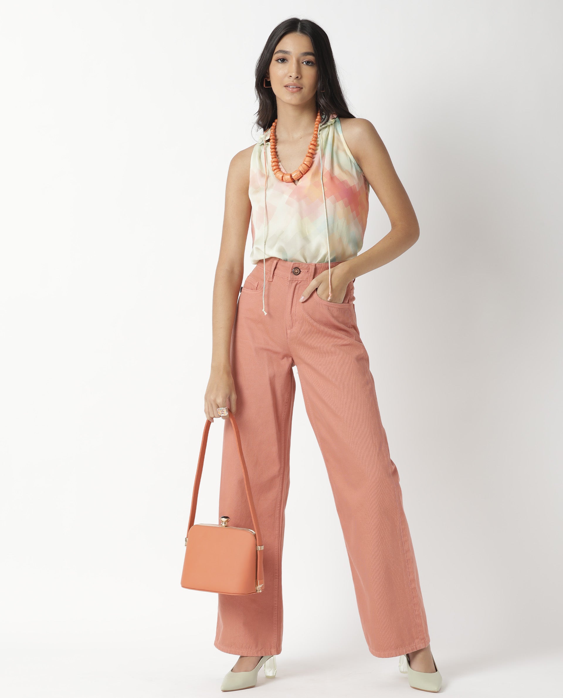 Rareism Women Groot Off White Modal Fabric Relaxed Fit Tie-Up Neck Sleeveless Abstract Print Top