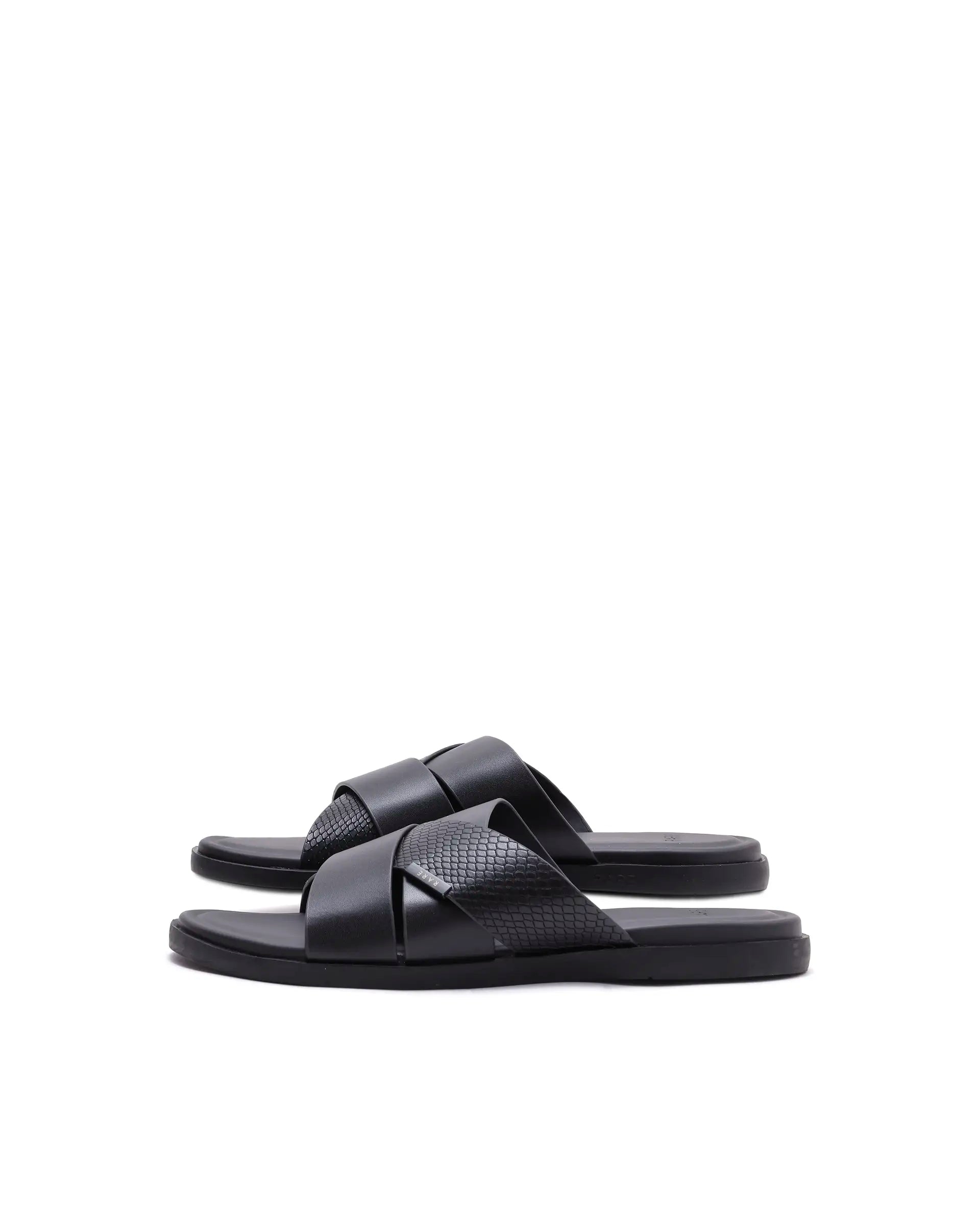 Rarez Men's Groove Black Leather Regular Sandal