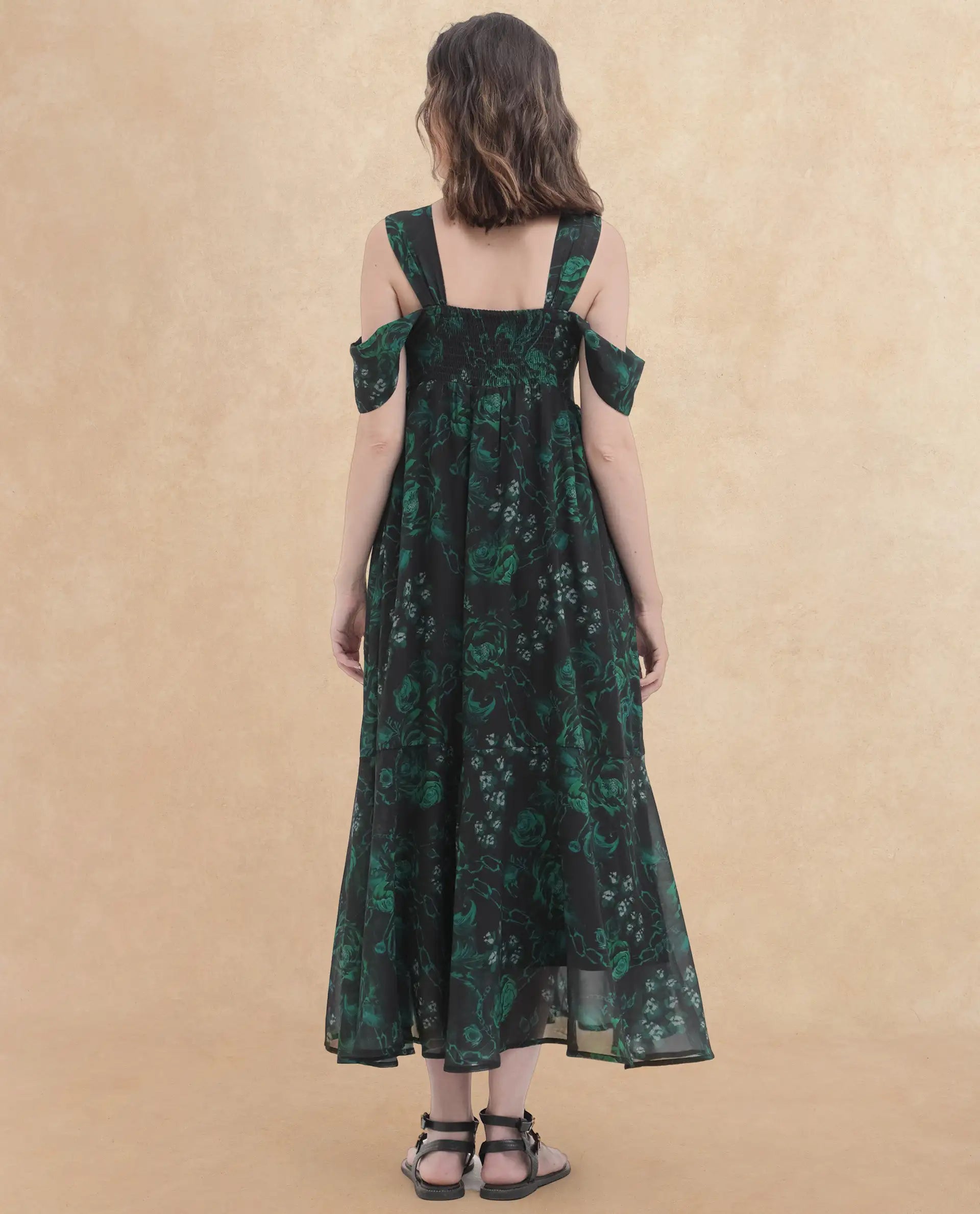 Rareism Women Groves Black Polyester Fabric Noodle Strap Print Relaxed Fit Longline Dress