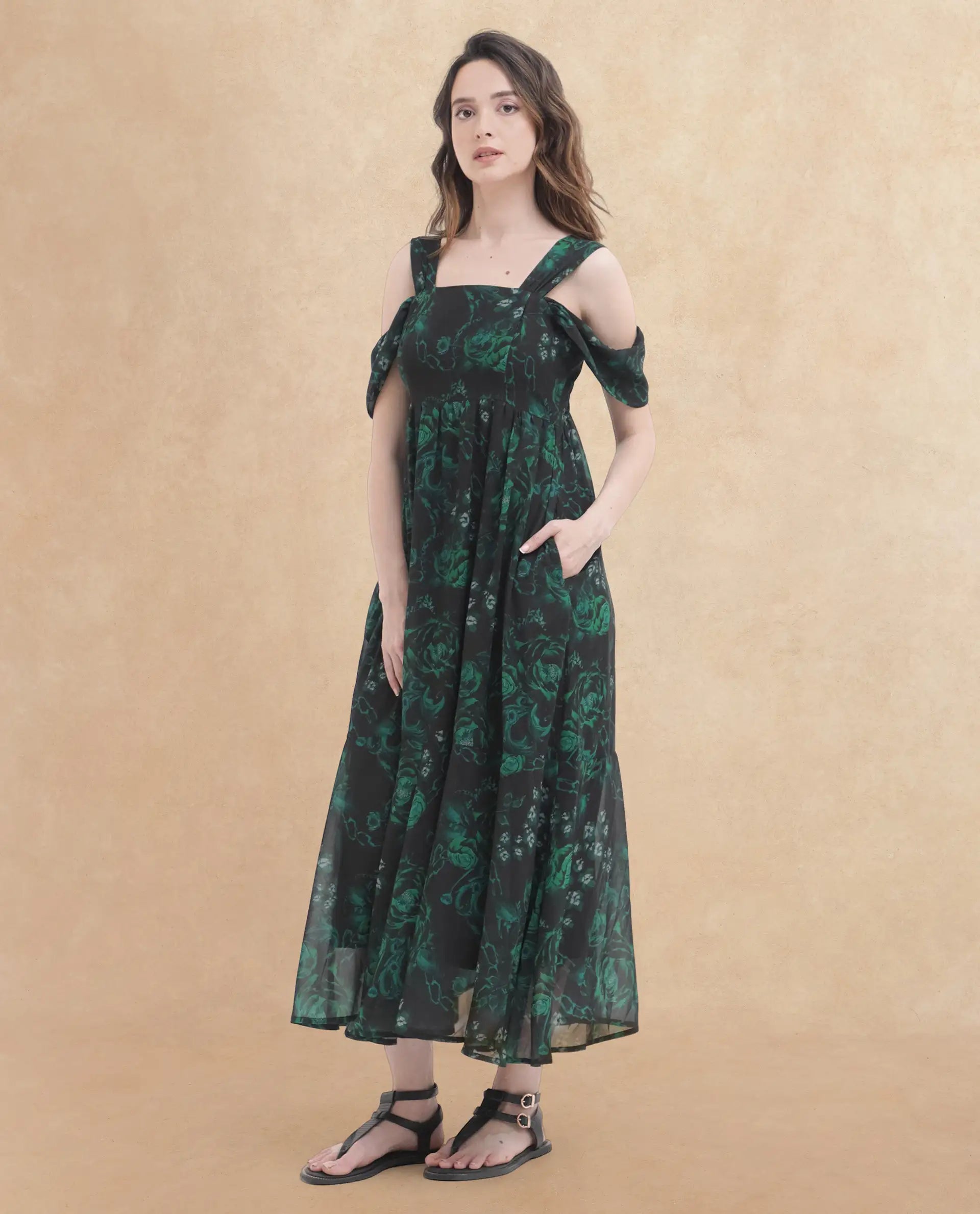 Rareism Women Groves Black Polyester Fabric Noodle Strap Print Relaxed Fit Longline Dress