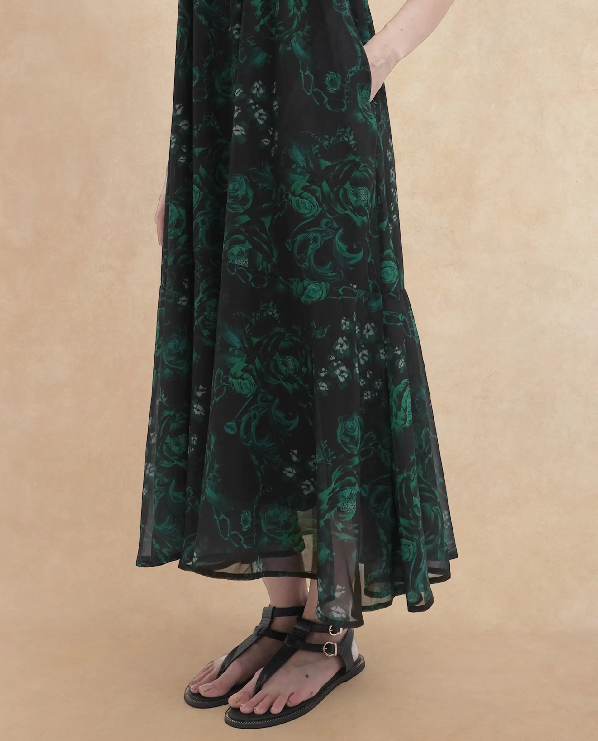 Rareism Women Groves Black Polyester Fabric Noodle Strap Print Relaxed Fit Longline Dress