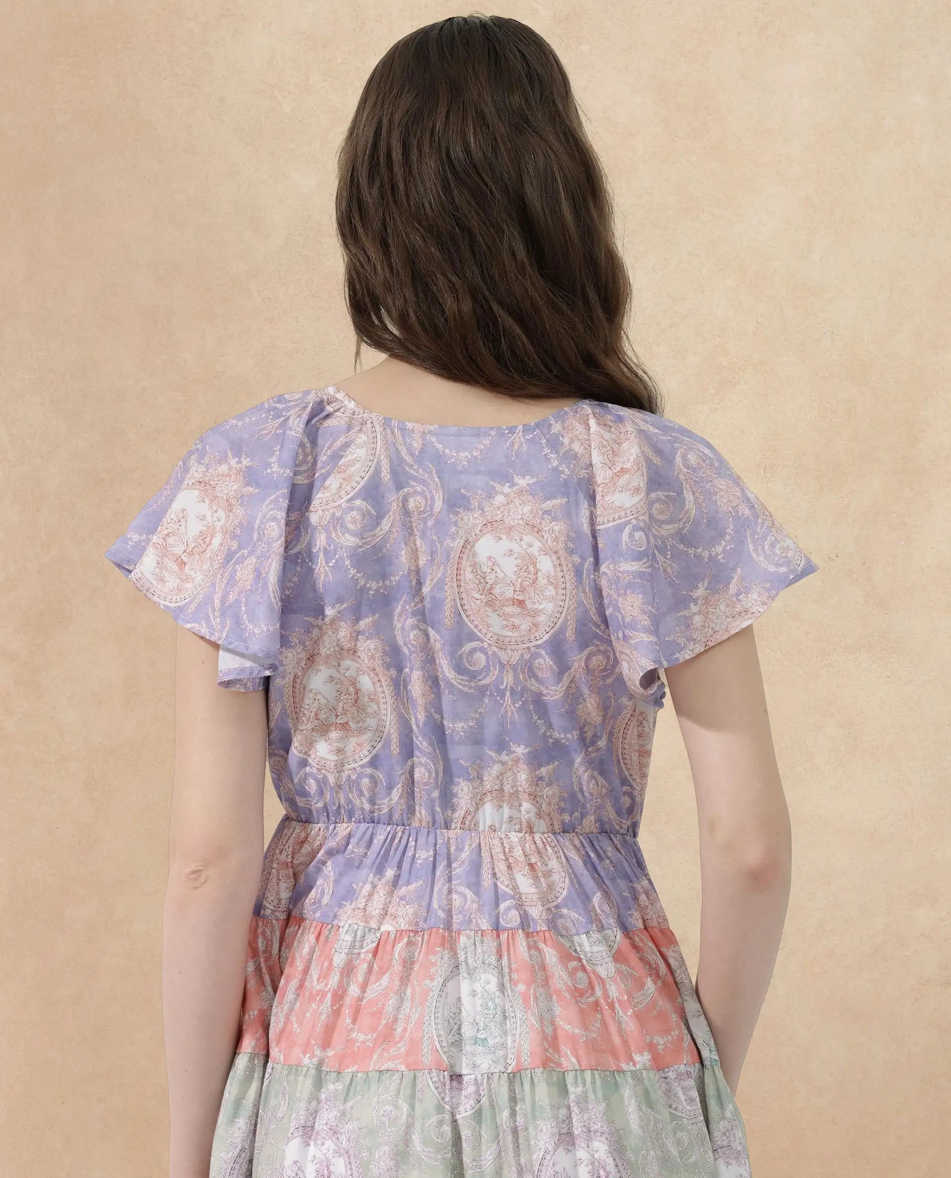 Rareism Women's Grubin Multi Cotton V-Neck Ornamental Print Raglan Sleeve Maxi Fit And Flare Dress