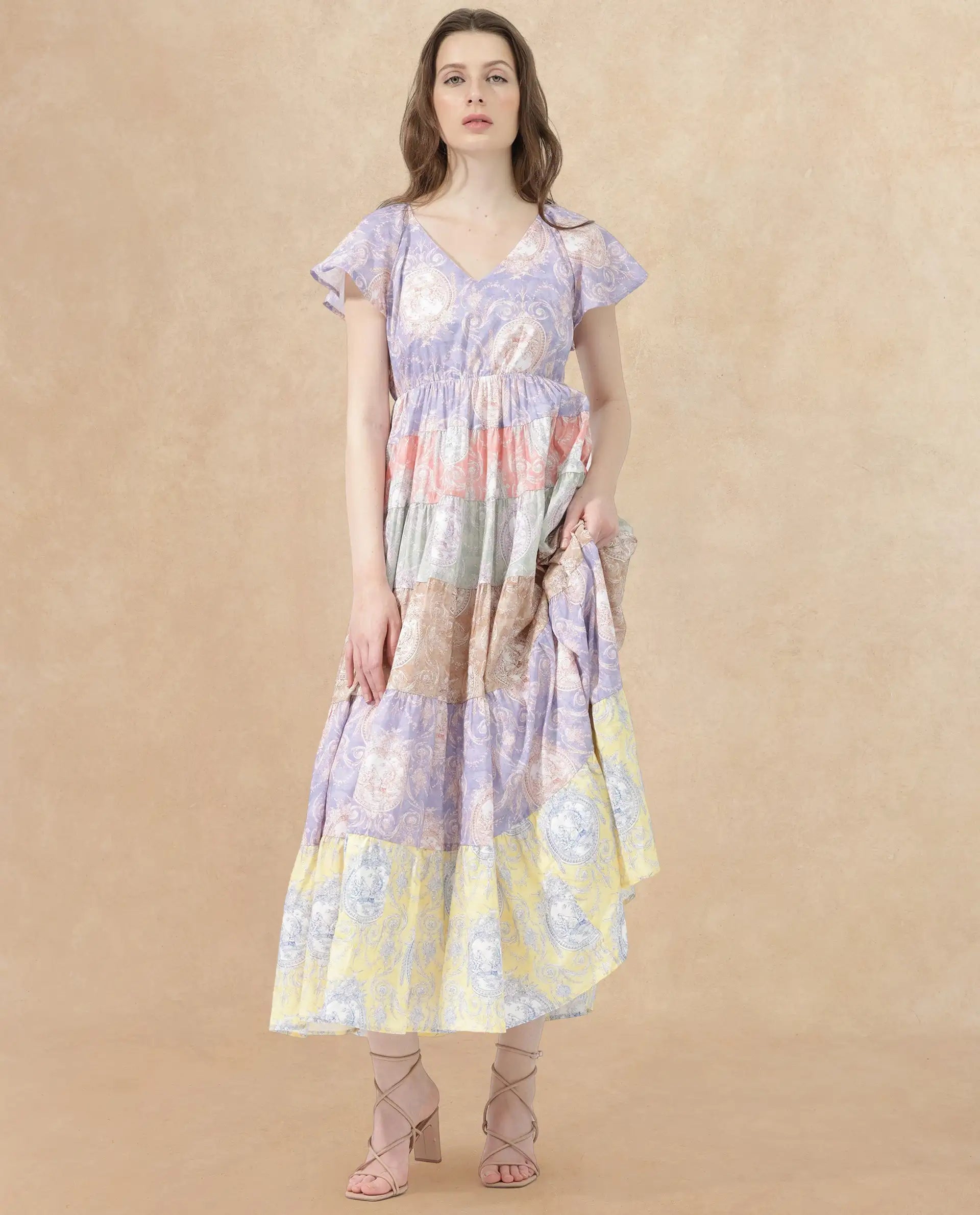 Rareism Women's Grubin Multi Cotton V-Neck Ornamental Print Raglan Sleeve Maxi Fit And Flare Dress