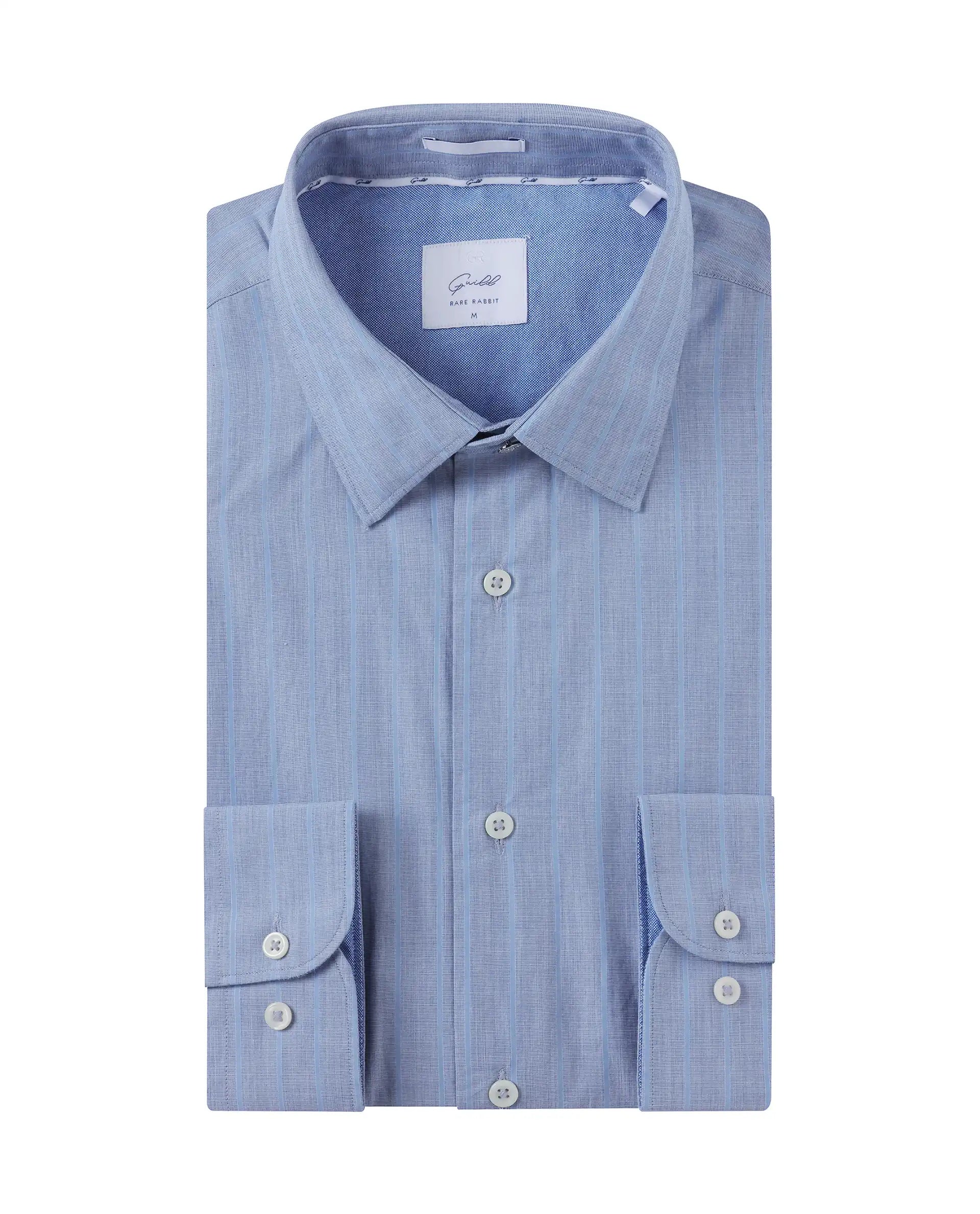 Rare Rabbit Men Charl Light Blue Cotton Fabric Full Sleeve Regular Fit Self Stripe Dobby Shirt