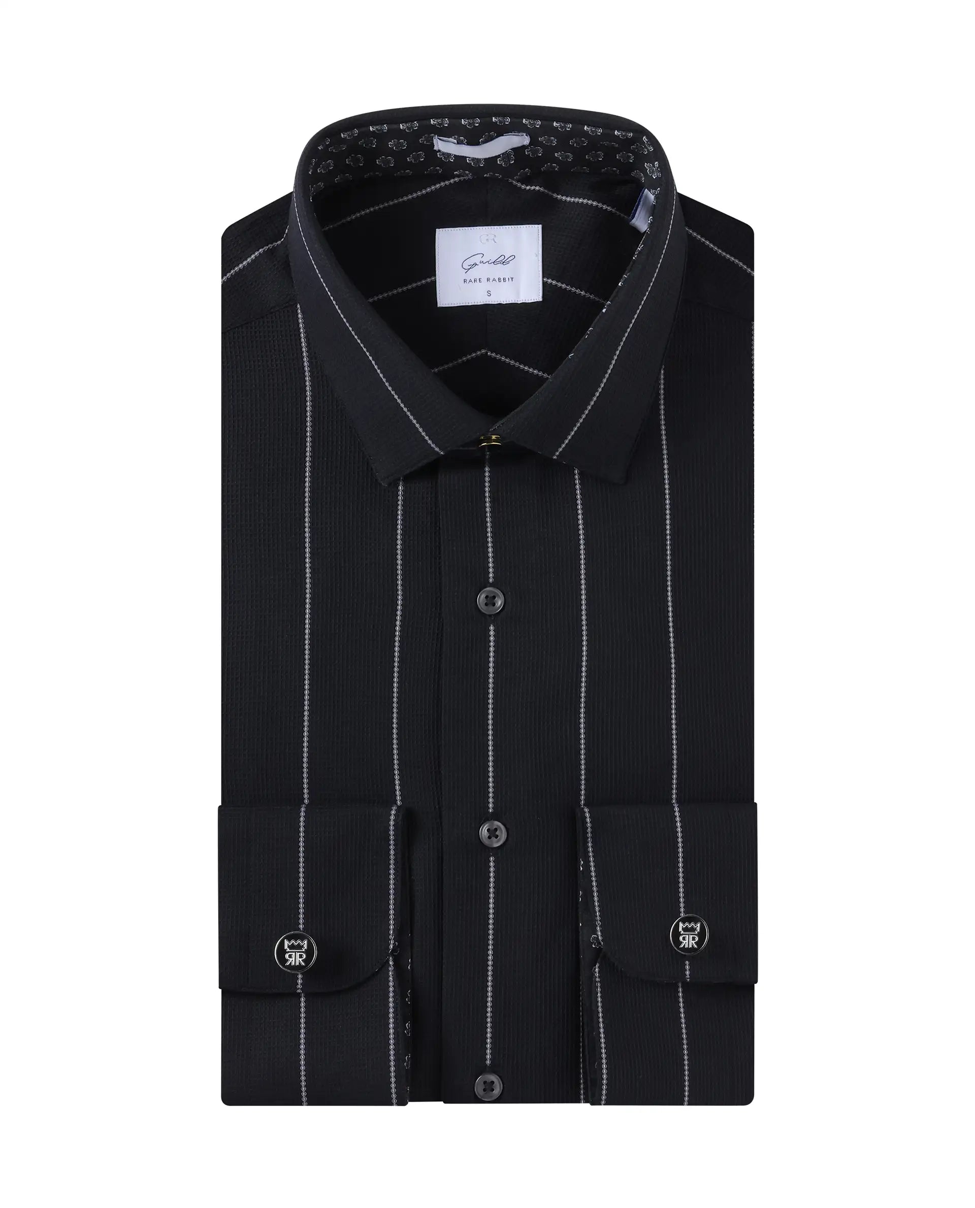 Rare Rabbit Mens Forty Black Cotton Fabric Full Sleeve Regular Fit Self Stripe Dobby Shirt