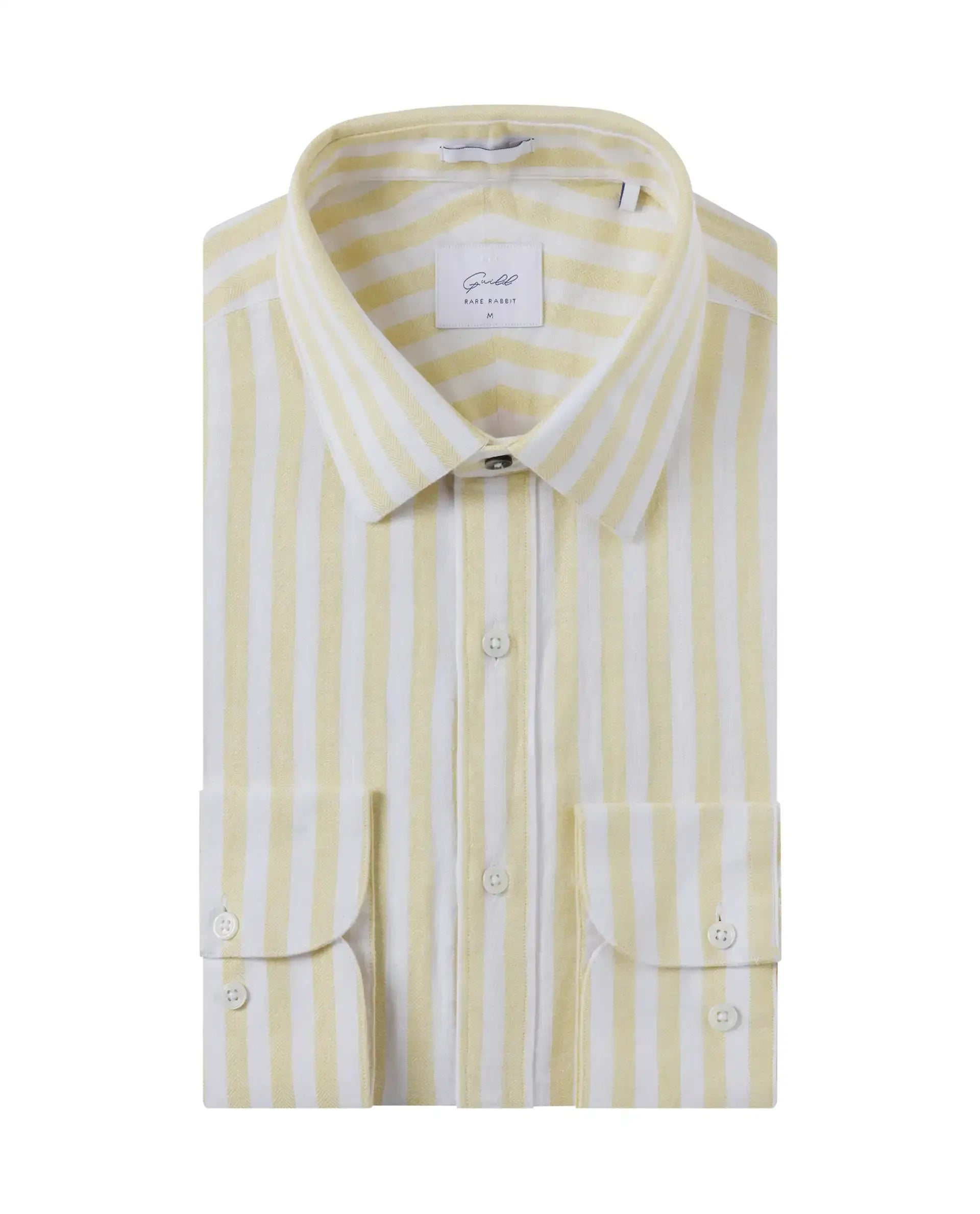 Rare Rabbit Mens Dopple Light Yellow Full Sleeve Regular Collar Cotton Linen Blend Stripe Shirt