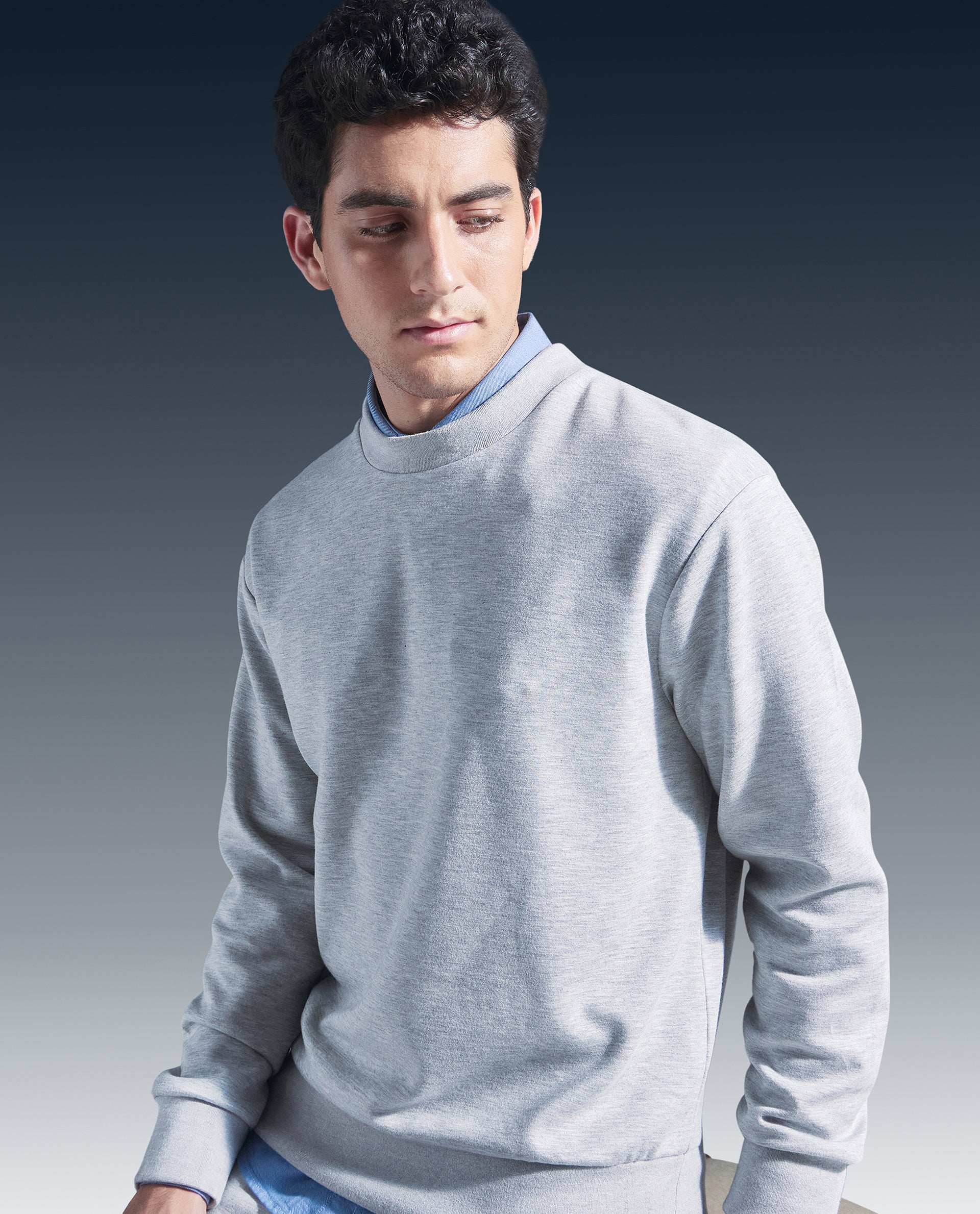 Rare Rabbit Men Renzi Melange Grey Modal Fabric Full Sleeve Crew Neck Baggy Fit Plain Sweatshirt