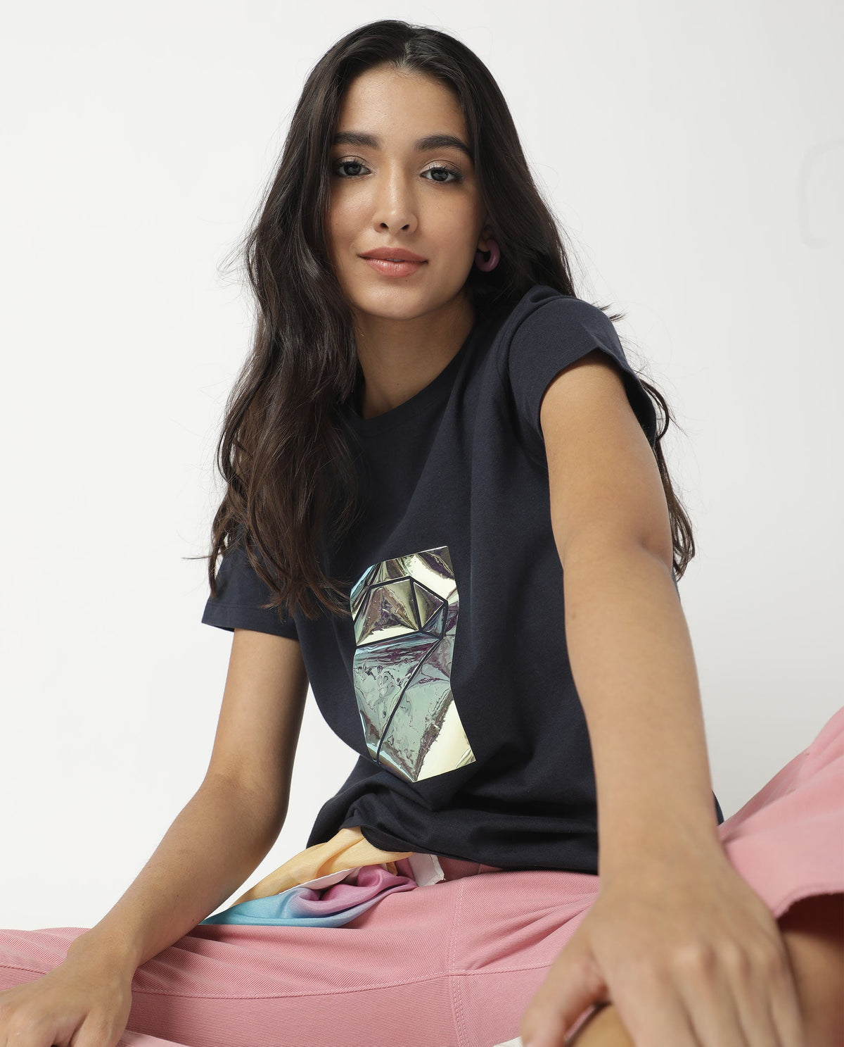 Rareism Women Gulf Navy Cotton Fabric Regular Fit Half Sleeves Graphic Print Crew Neck T-Shirt