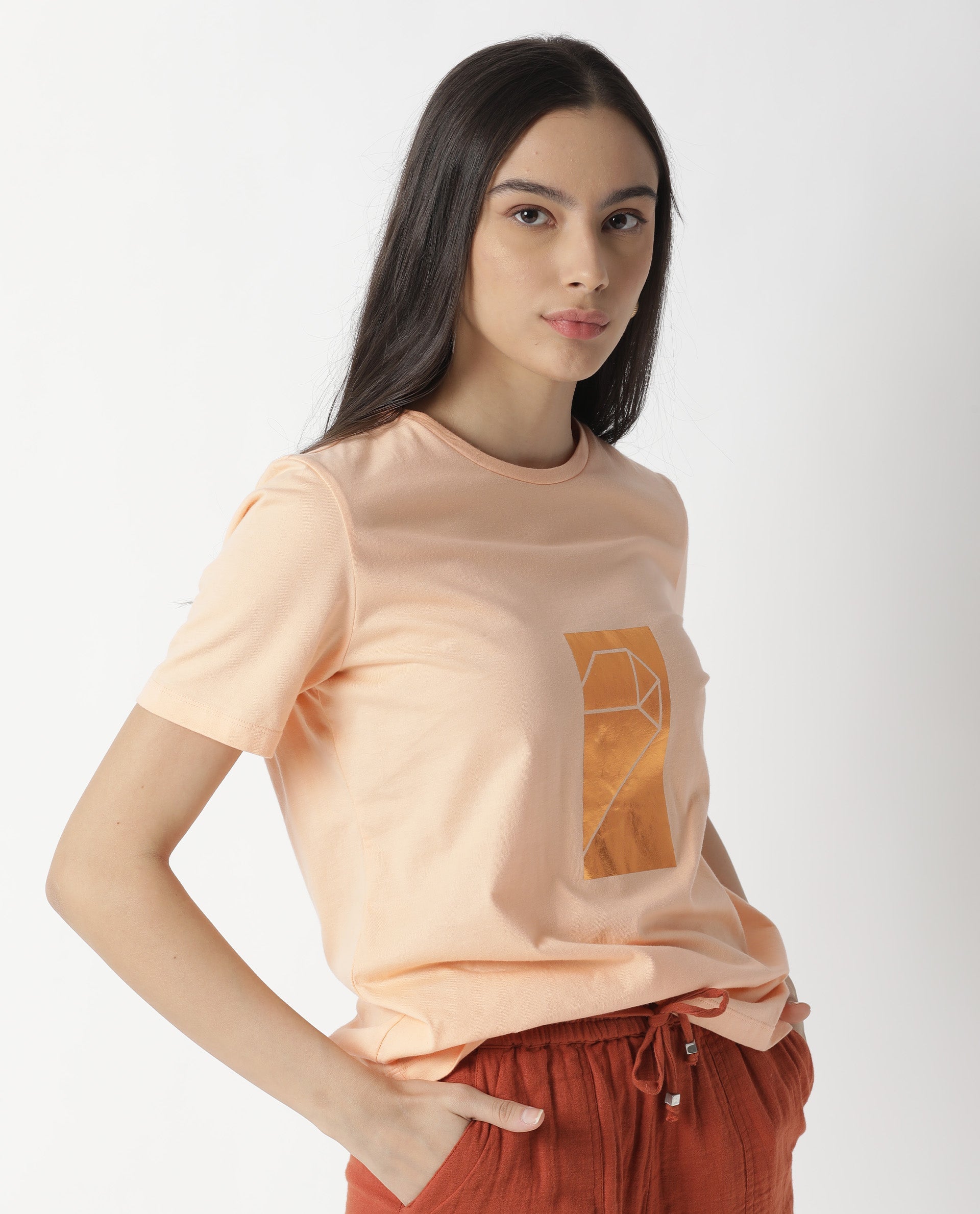 Rareism Women Gulf Light Peach Cotton Fabric Regular Fit Half Sleeves Graphic Print Crew Neck T-Shirt