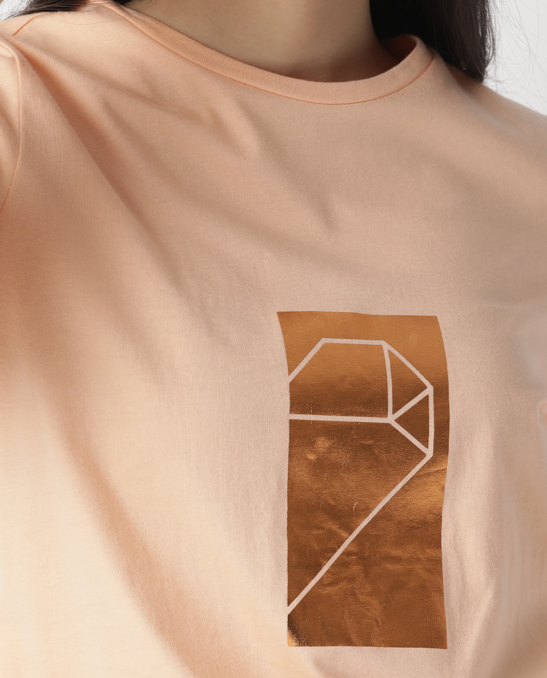 Rareism Women Gulf Light Peach Cotton Fabric Regular Fit Half Sleeves Graphic Print Crew Neck T-Shirt