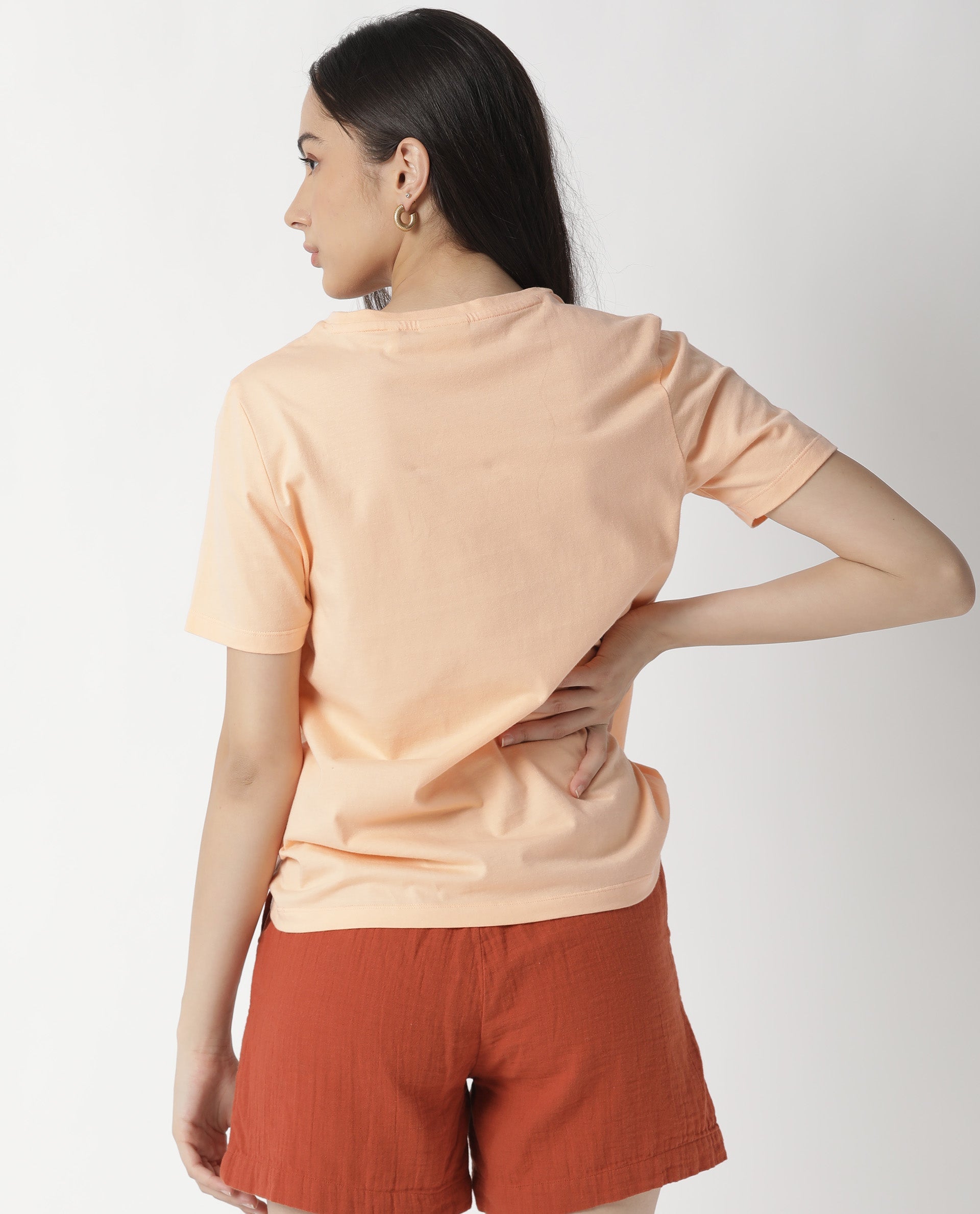 Rareism Women Gulf Light Peach Cotton Fabric Regular Fit Half Sleeves Graphic Print Crew Neck T-Shirt