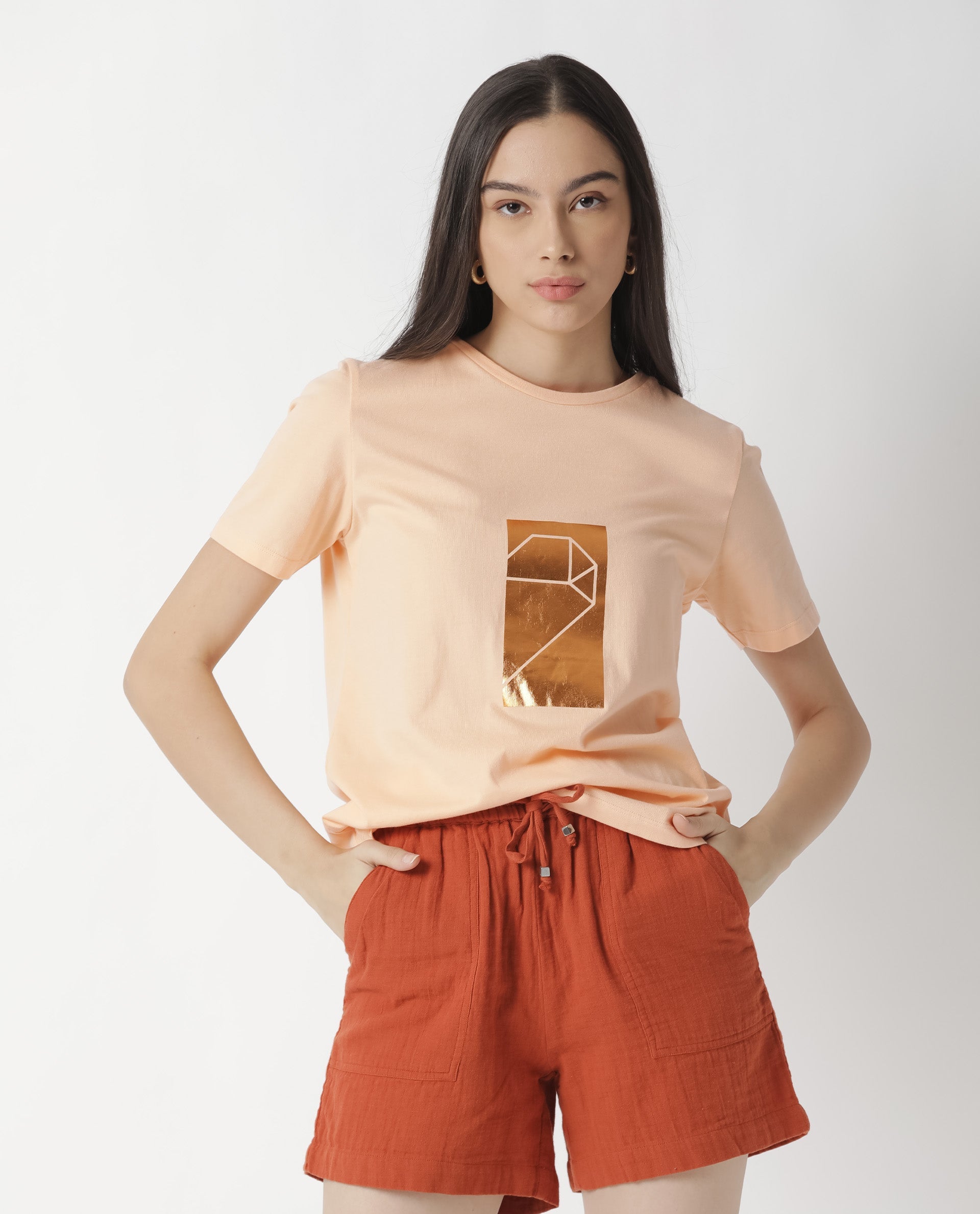 Rareism Women Gulf Light Peach Cotton Fabric Regular Fit Half Sleeves Graphic Print Crew Neck T-Shirt