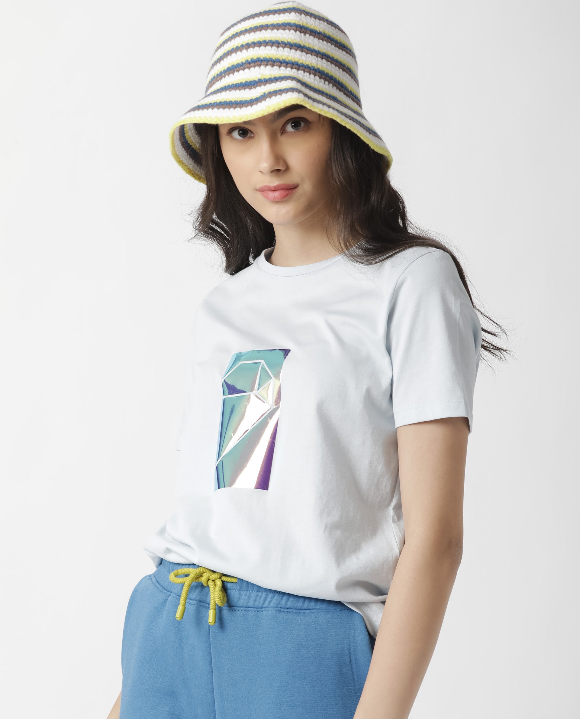 Rareism Women Gulf Pastel Blue Cotton Fabric Regular Fit Half Sleeves Graphic Print Crew Neck T-Shirt