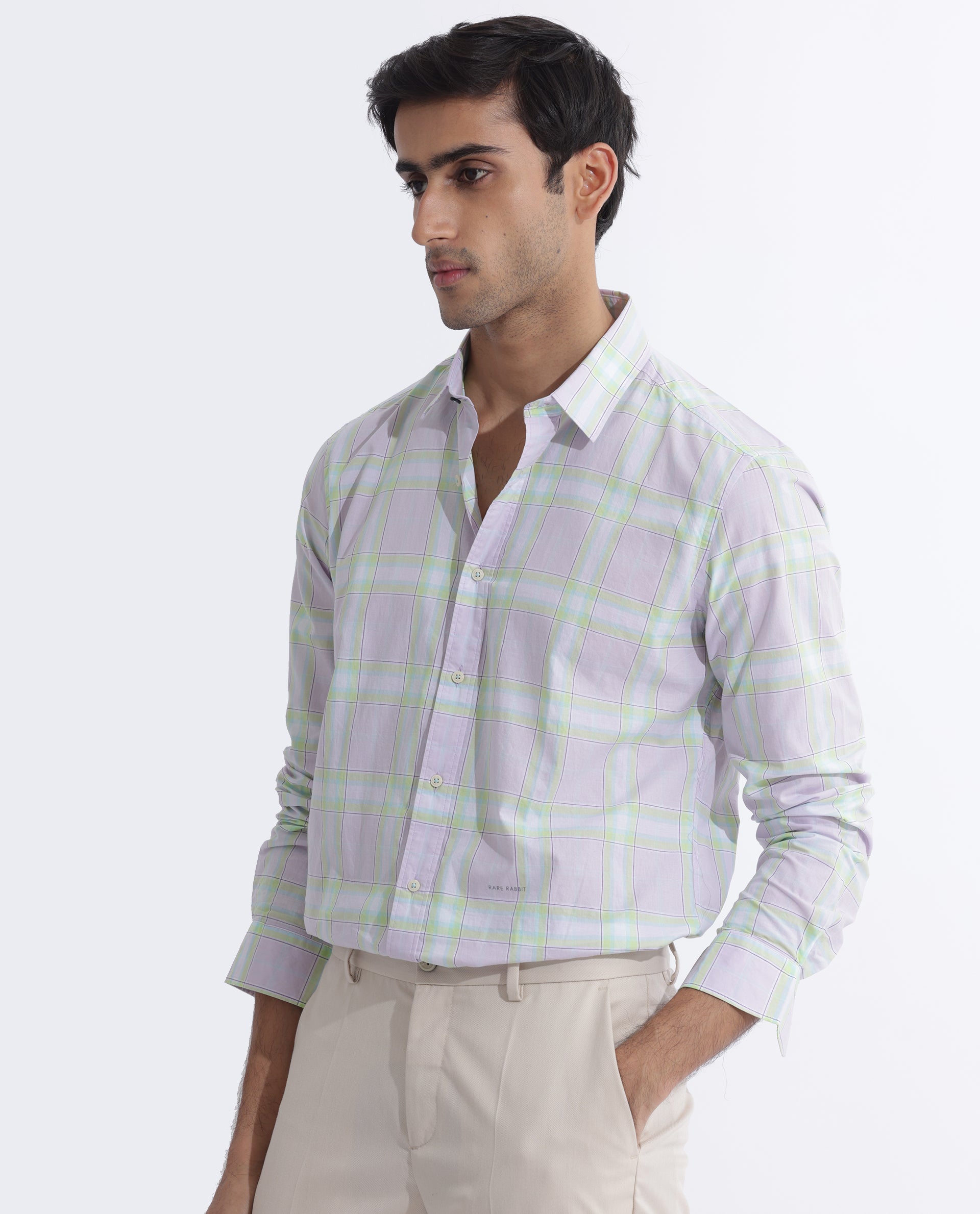 Rare Rabbit Men's Gulls Pastel Purple Cotton Fabric Full Sleeves Checks Shirt