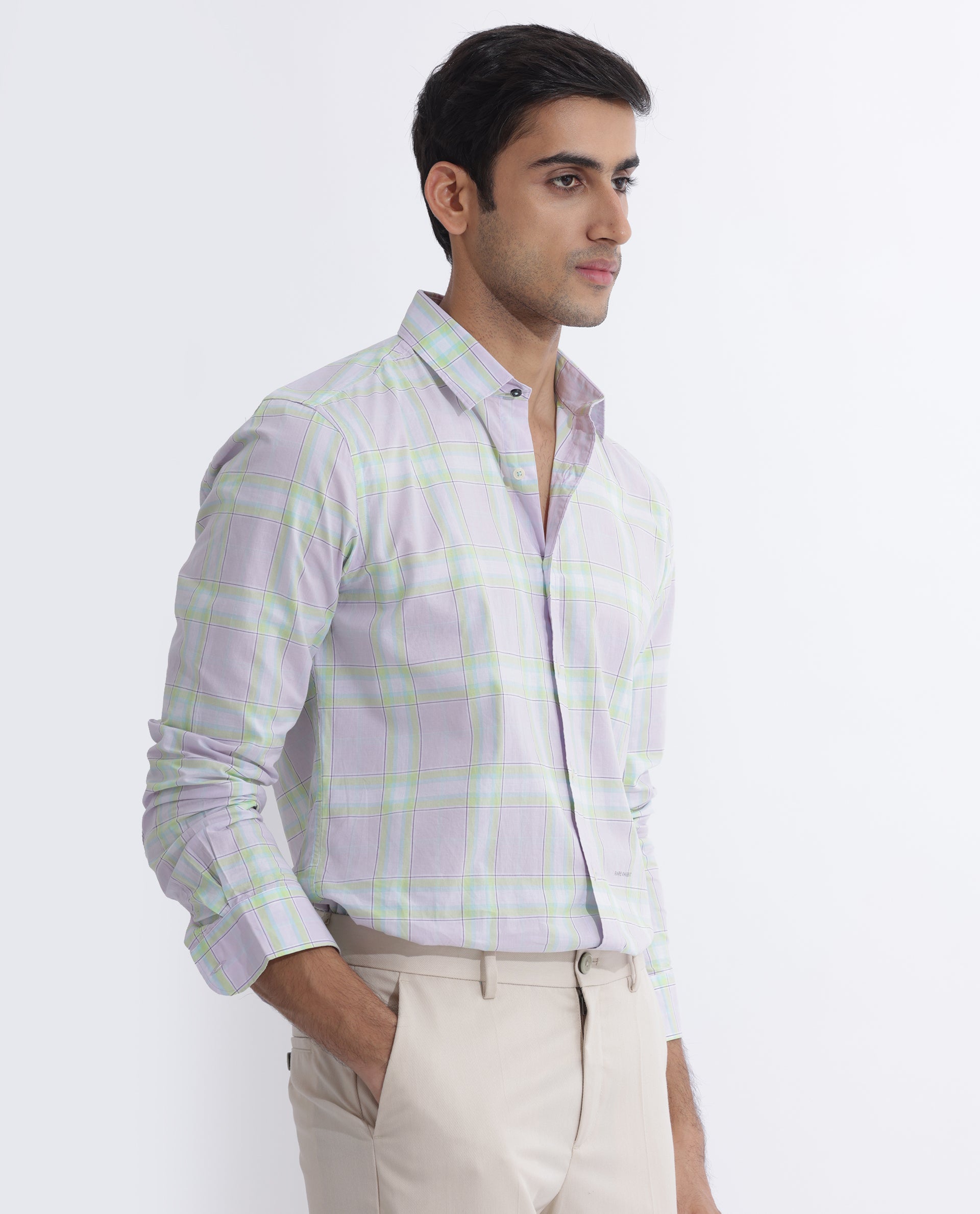 Rare Rabbit Men's Gulls Pastel Purple Cotton Fabric Full Sleeves Checks Shirt