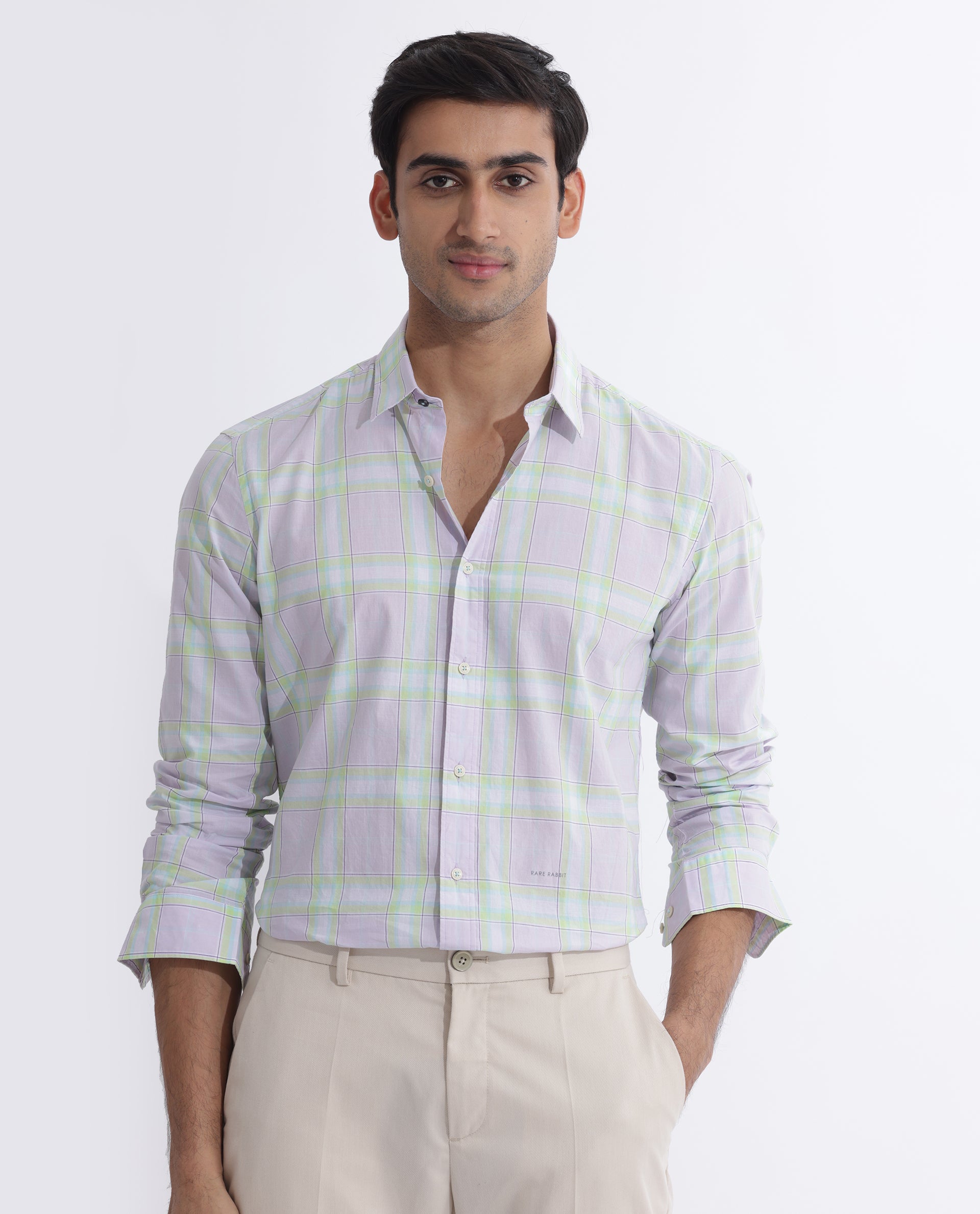 Rare Rabbit Men's Gulls Pastel Purple Cotton Fabric Full Sleeves Checks Shirt