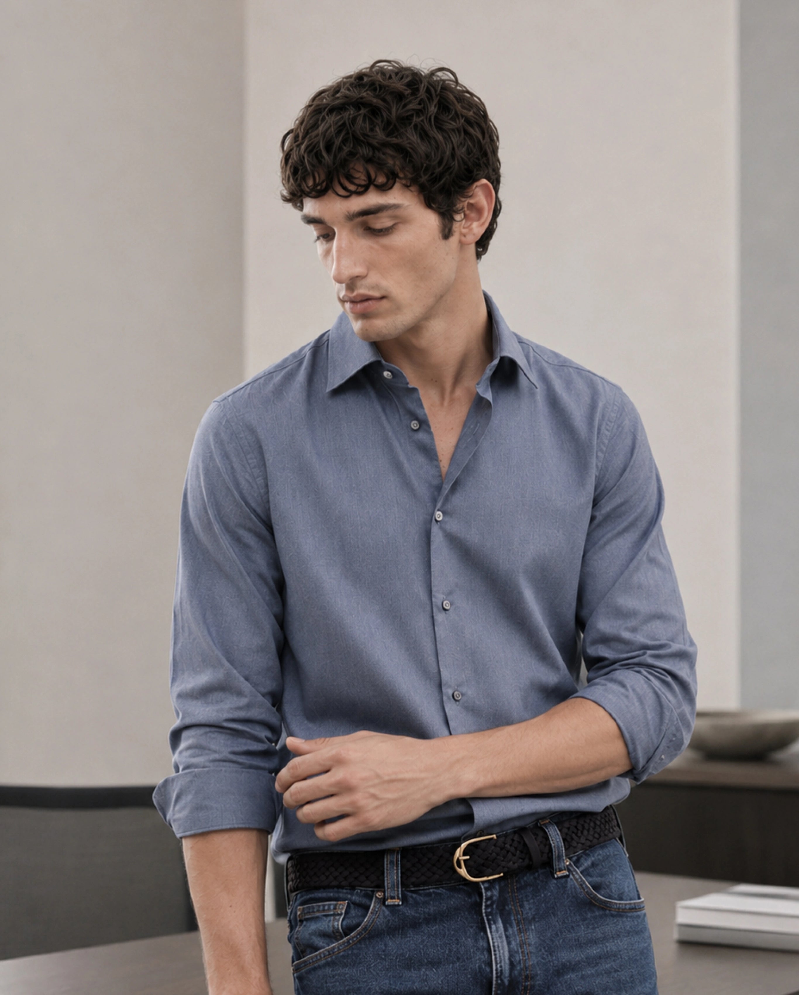 Rare Rabbit Men's Gunjo-Aw26 Dusky Blue Polyester Blend Spread Collar Regular Plain Shirt