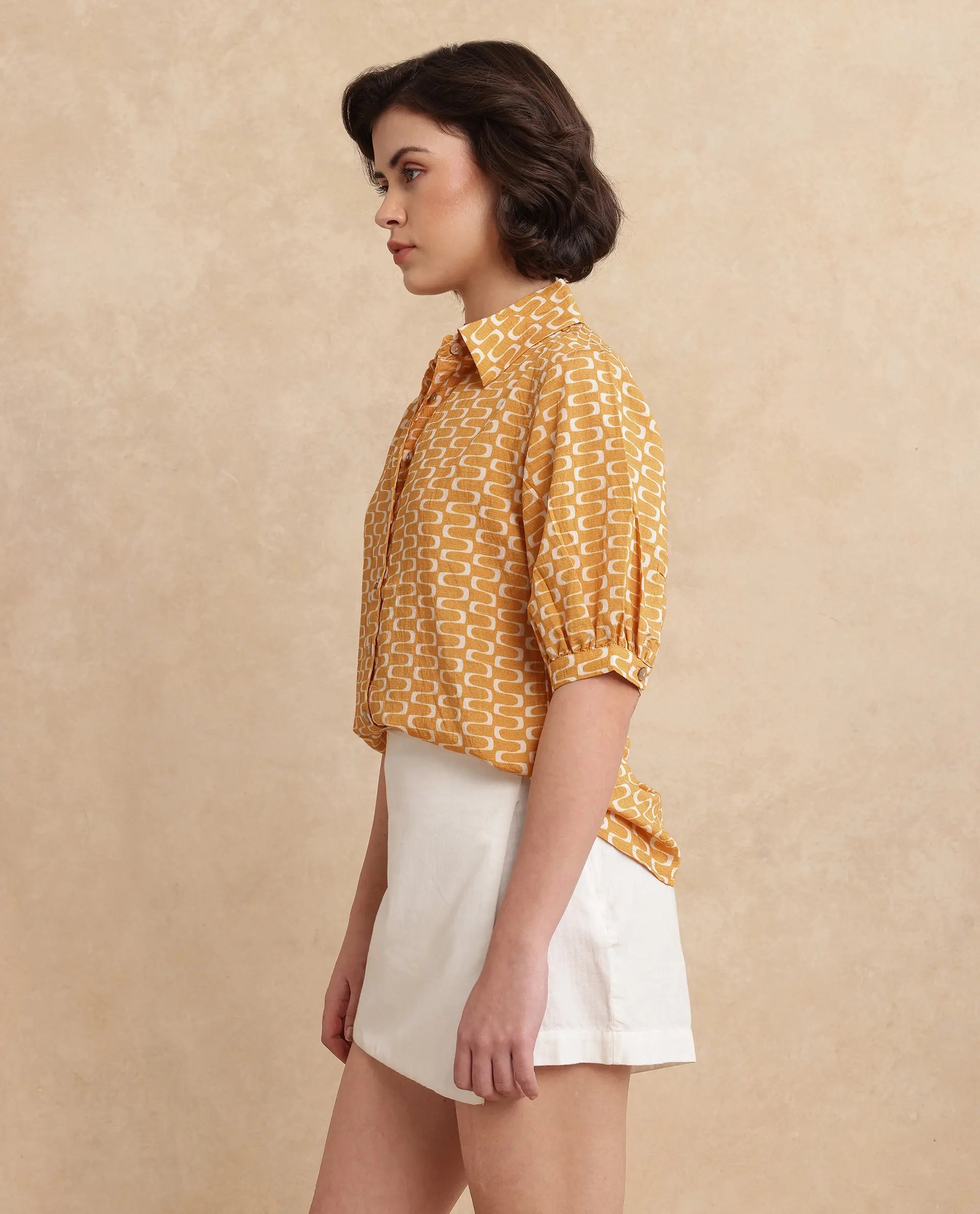 Rareism Women Guno Yellow Nylon Viscose Fabric Bishop Sleeves Collared Neck Button Closure Geometric Print Shirt