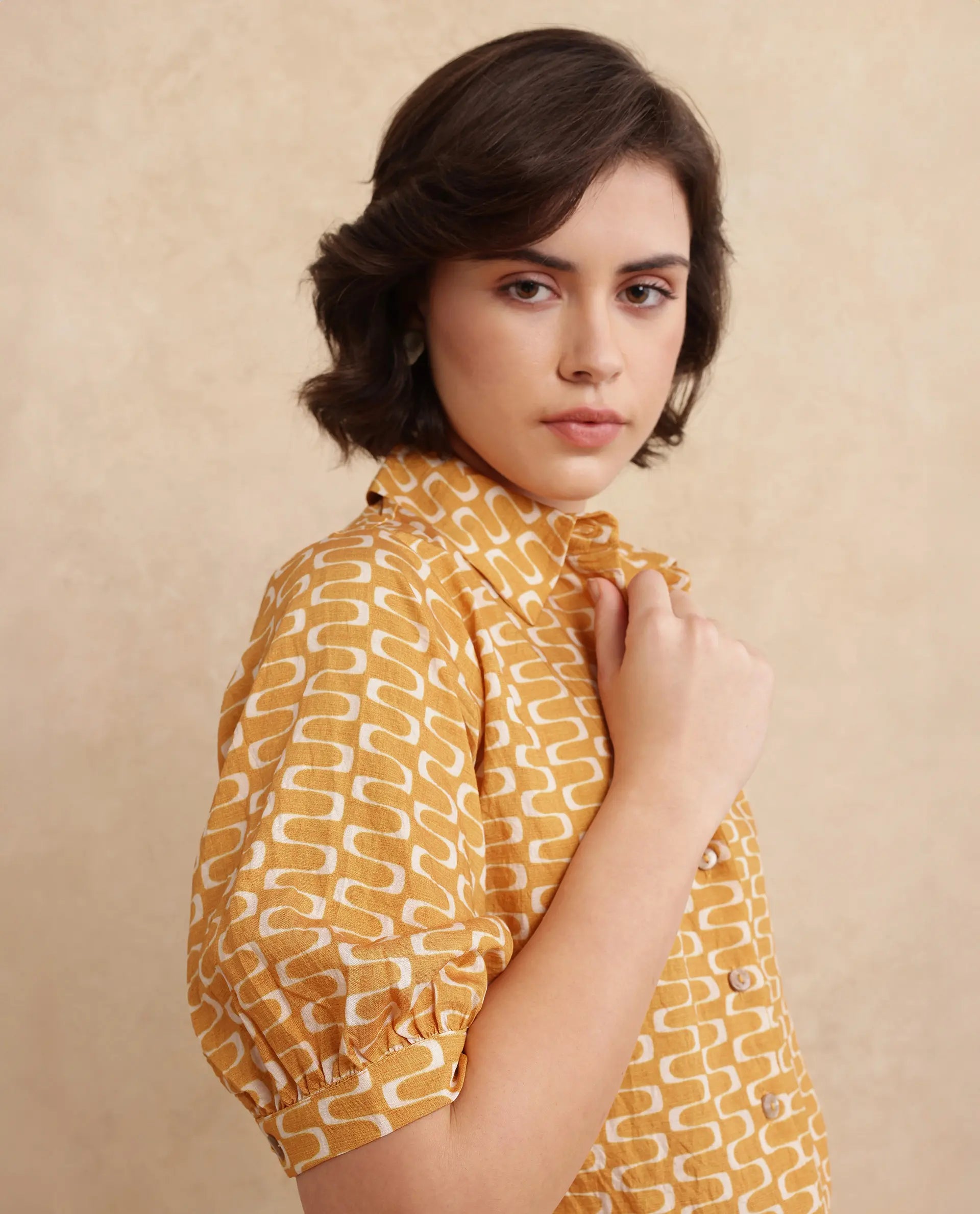 Rareism Women Guno Yellow Nylon Viscose Fabric Bishop Sleeves Collared Neck Button Closure Geometric Print Shirt