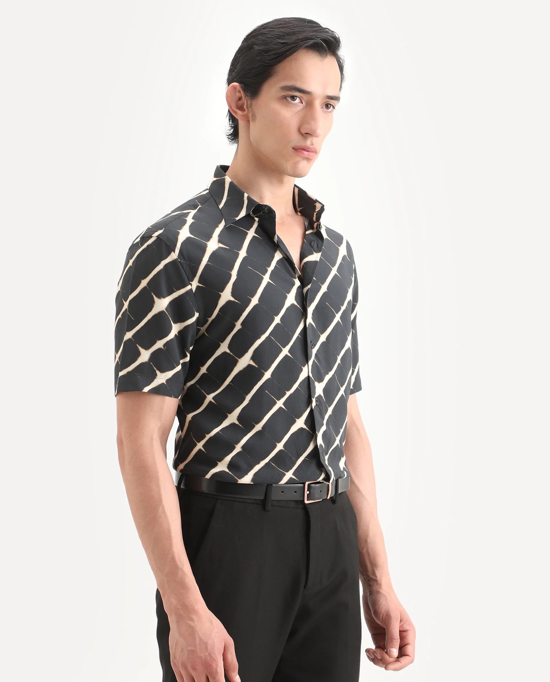 Rare Rabbit Men's Gunt Black Viscose Fabric Half Sleeve Spread Collar Regular Fit Abstract Print Shirt