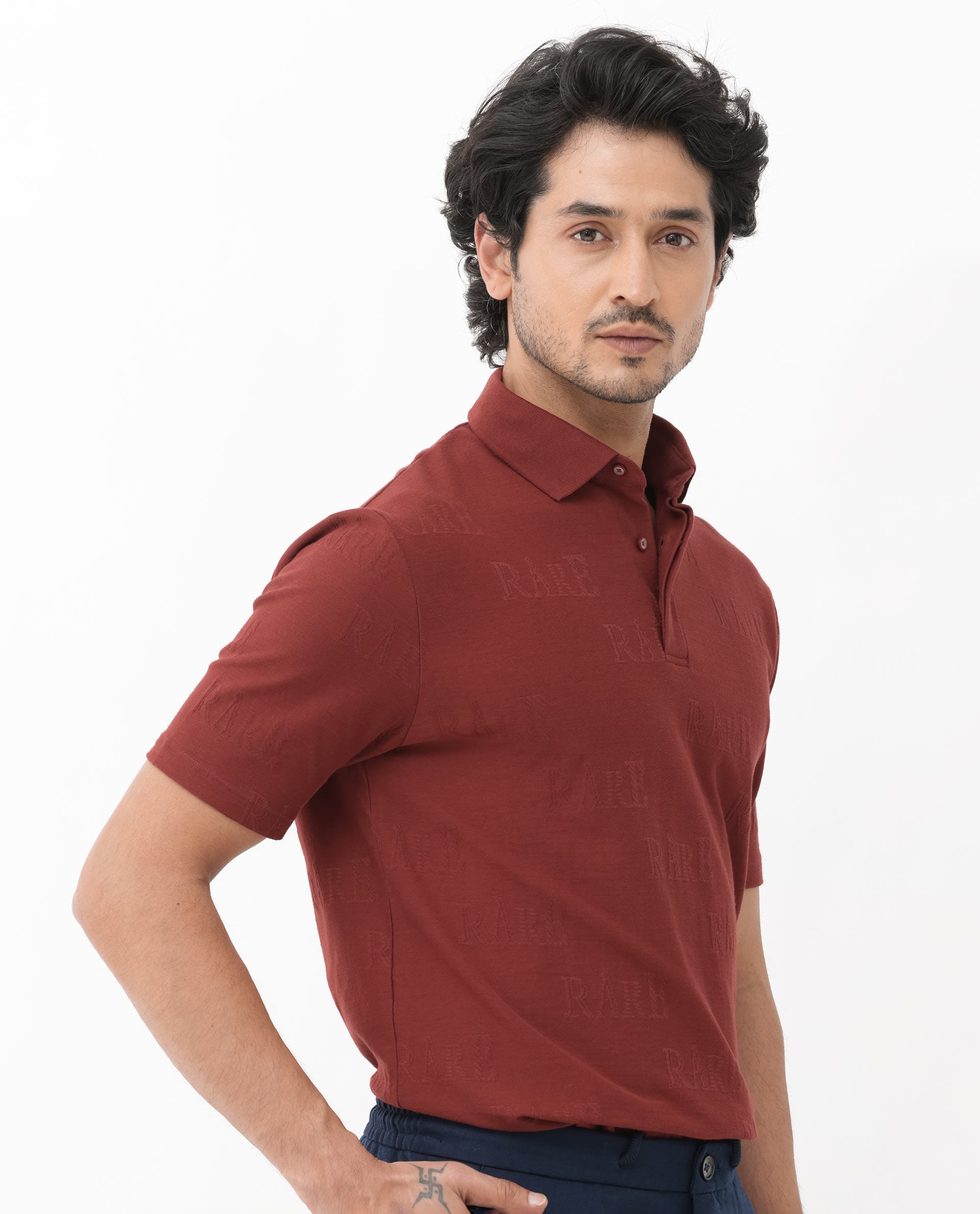 Rare Rabbit Mens Gesset-2 Dusky Rust Short Sleeve Jacquard Textured Statement Polo T-Shirt