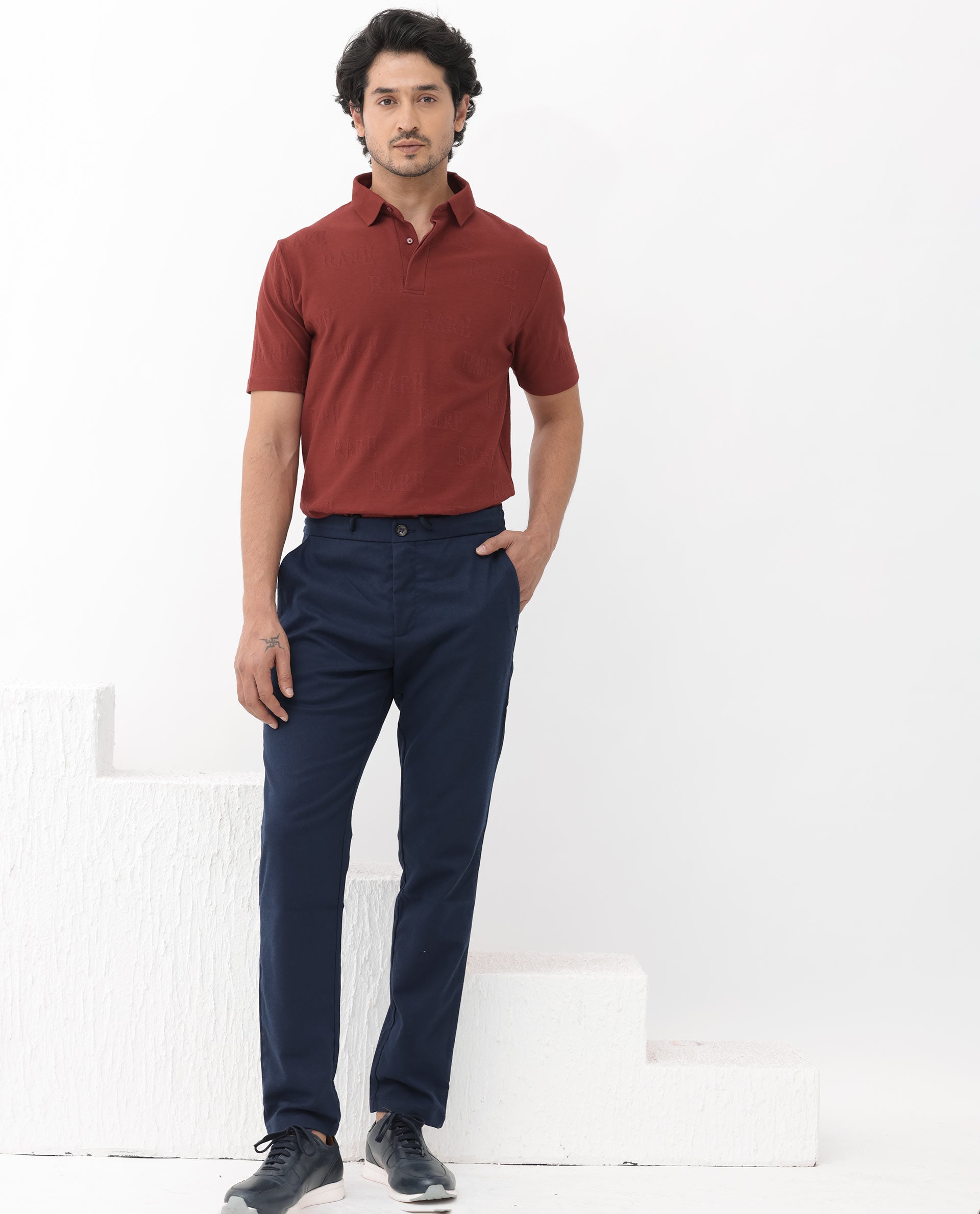 Rare Rabbit Mens Gesset-2 Dusky Rust Short Sleeve Jacquard Textured Statement Polo T-Shirt