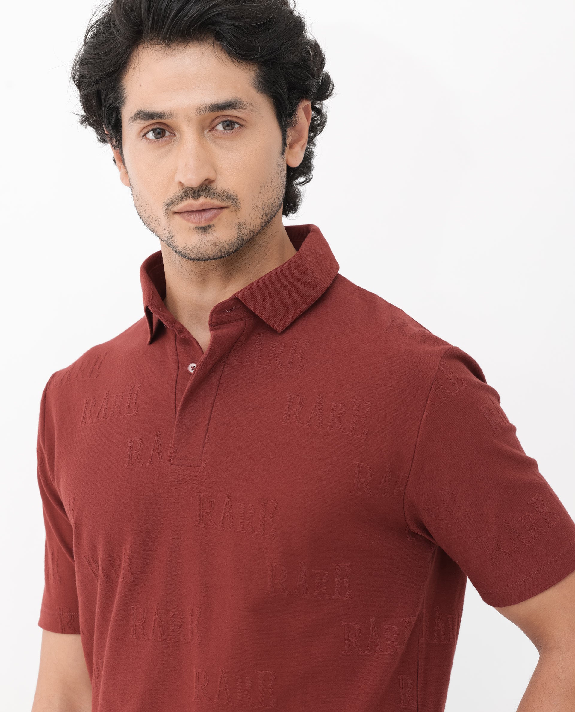 Rare Rabbit Mens Gesset-2 Dusky Rust Short Sleeve Jacquard Textured Statement Polo T-Shirt