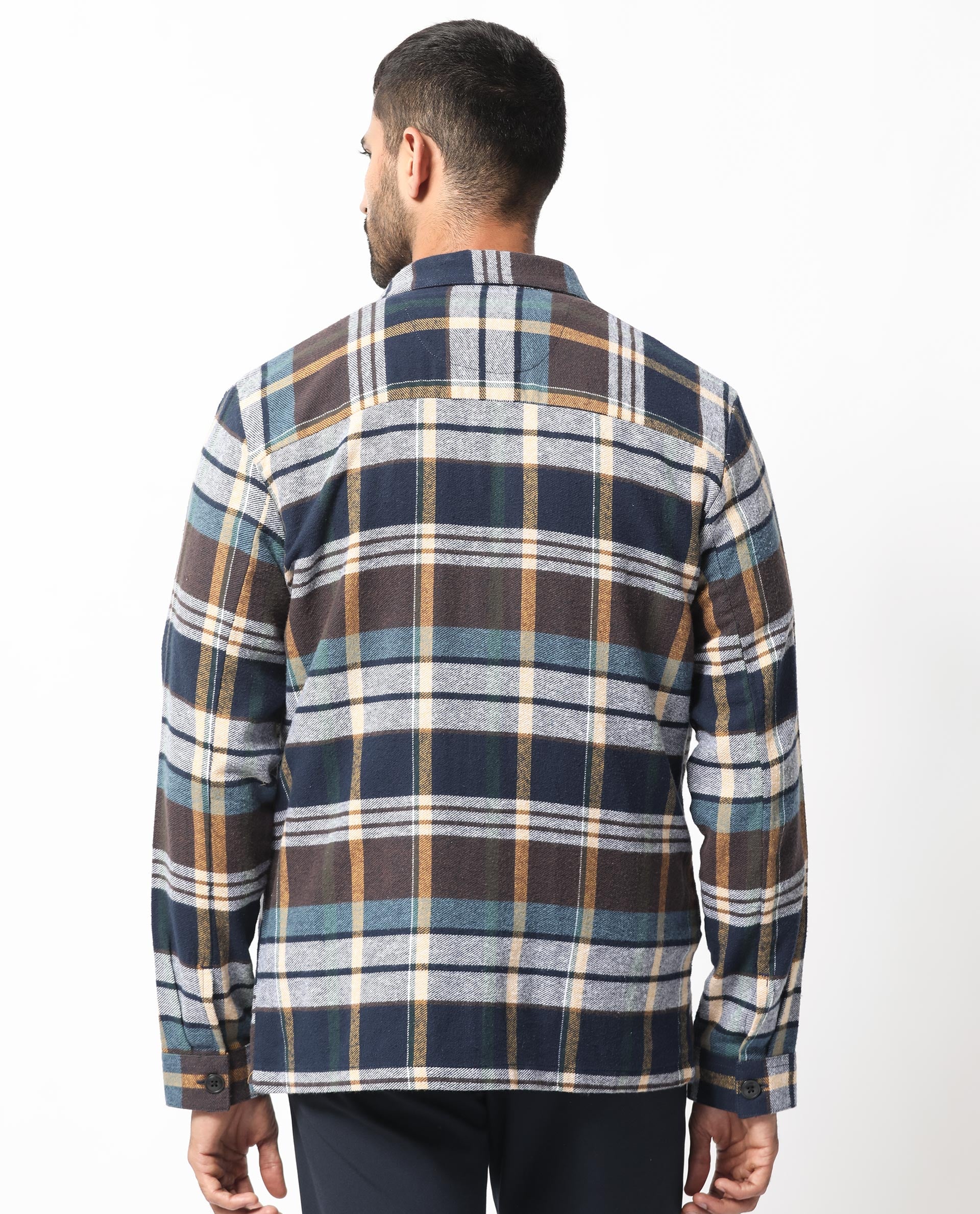 Rare Rabbit Men's Gustro Brown Cotton Fabric Full Sleeves Button Closure Checks Shacket