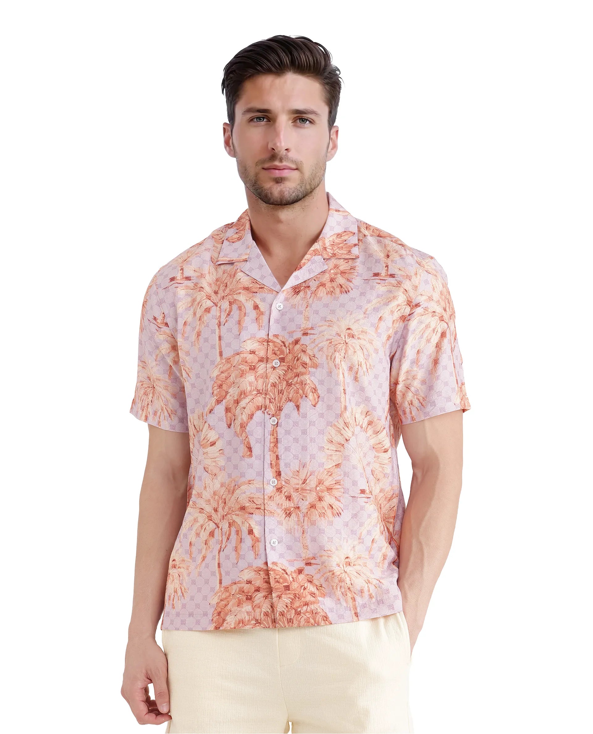 Rare Rabbit Men Gusy Pastel Purple Viscose Nylon Fabric Half Sleeve Cuban Collar Button Closure Relaxed Fit Monogra and Tropical Print Shirt