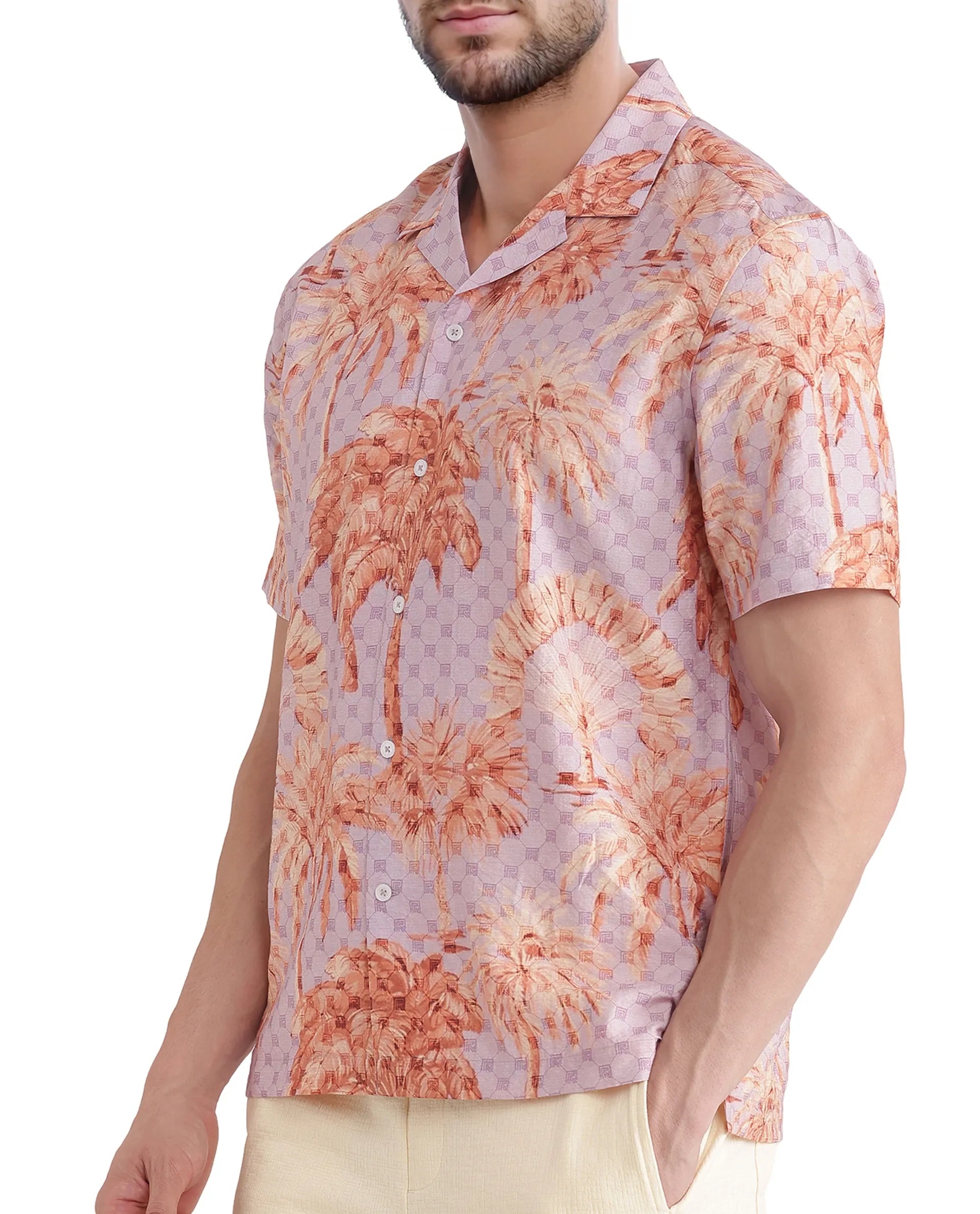 Rare Rabbit Men Gusy Pastel Purple Viscose Nylon Fabric Half Sleeve Cuban Collar Button Closure Relaxed Fit Monogra and Tropical Print Shirt