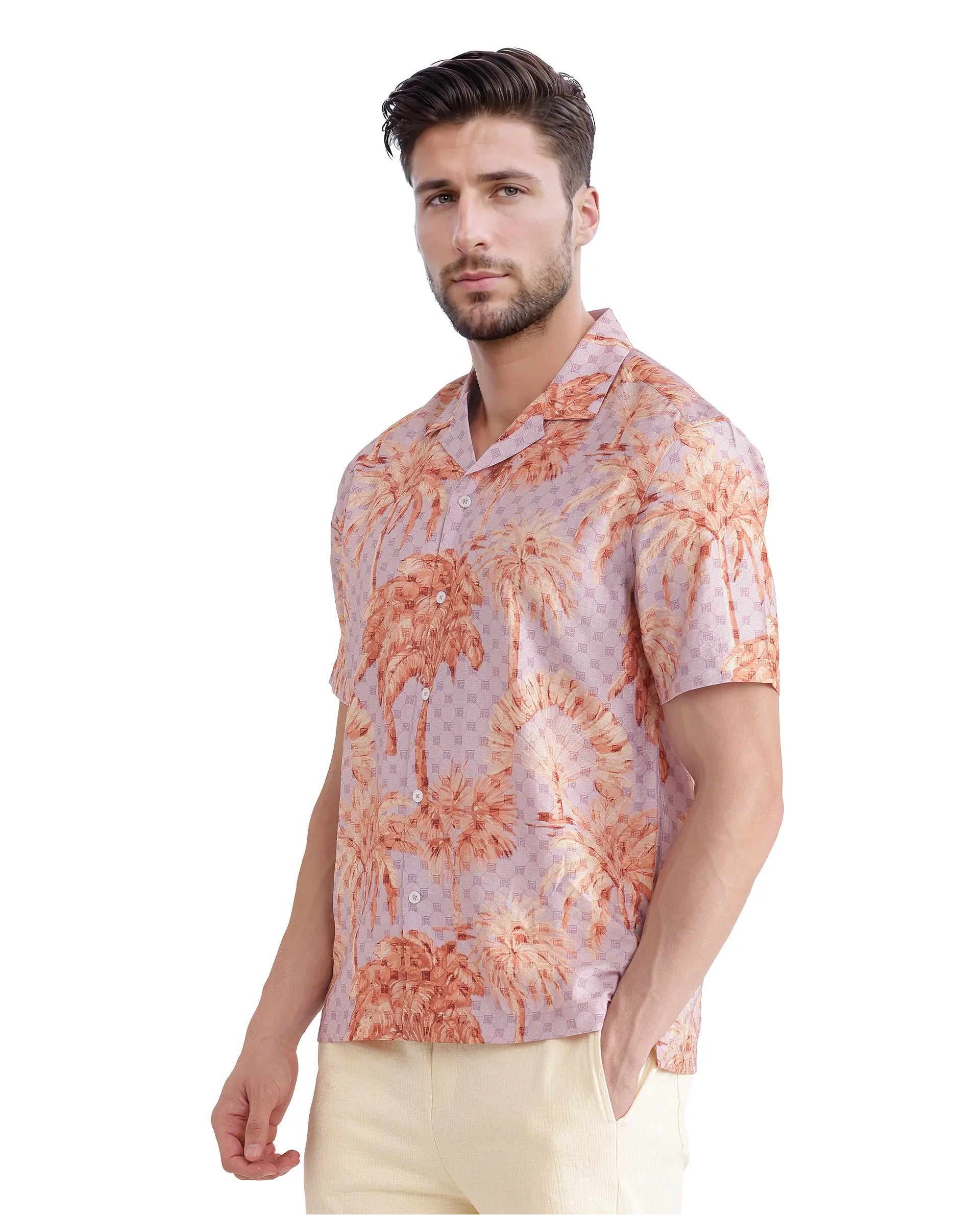 Rare Rabbit Men Gusy Pastel Purple Viscose Nylon Fabric Half Sleeve Cuban Collar Button Closure Relaxed Fit Monogra and Tropical Print Shirt