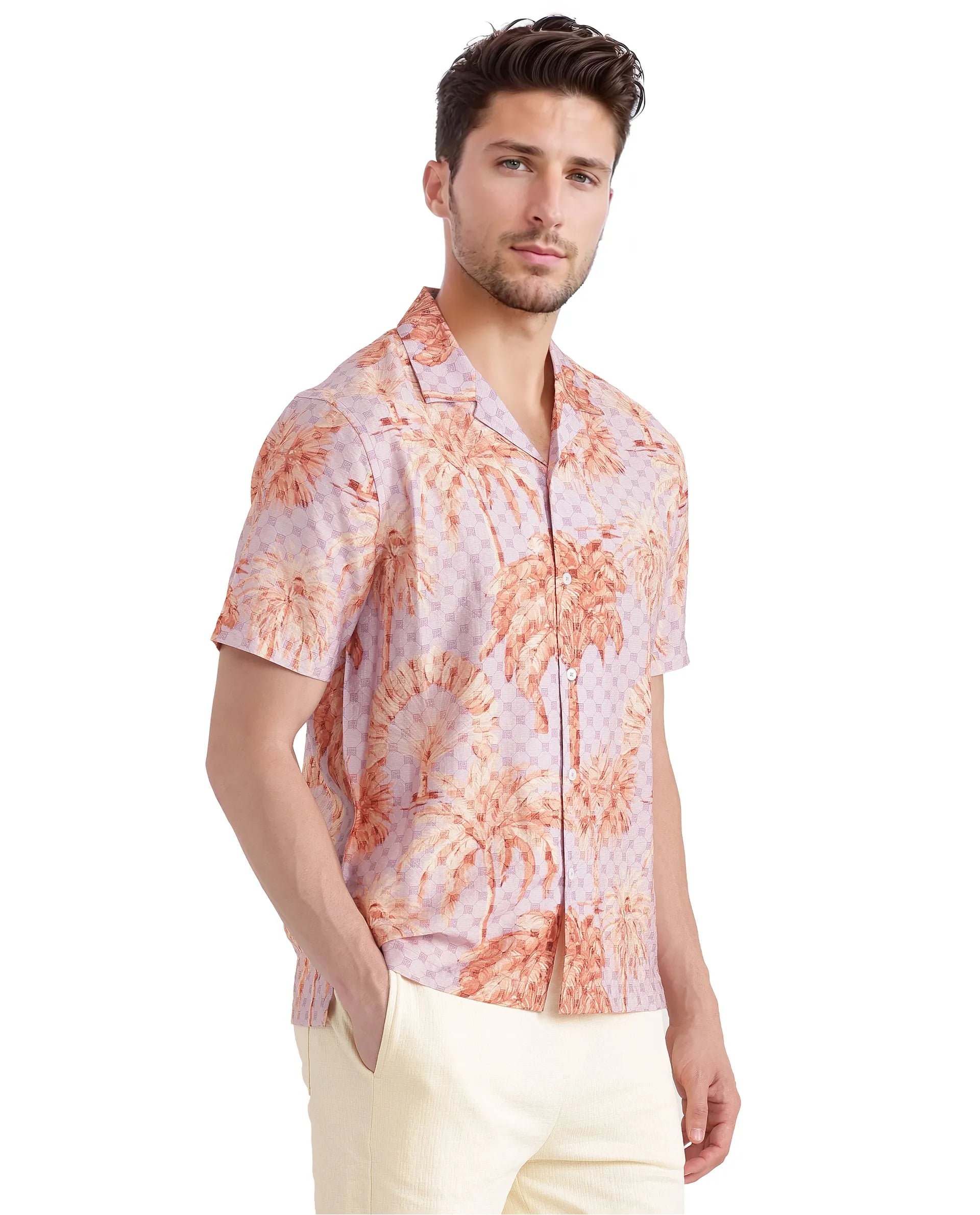 Rare Rabbit Men Gusy Pastel Purple Viscose Nylon Fabric Half Sleeve Cuban Collar Button Closure Relaxed Fit Monogra and Tropical Print Shirt