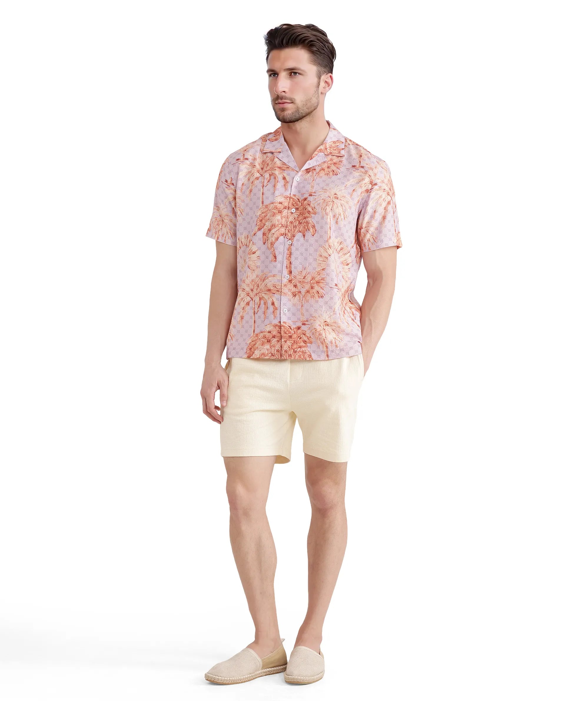 Rare Rabbit Men Gusy Pastel Purple Viscose Nylon Fabric Half Sleeve Cuban Collar Button Closure Relaxed Fit Monogra and Tropical Print Shirt