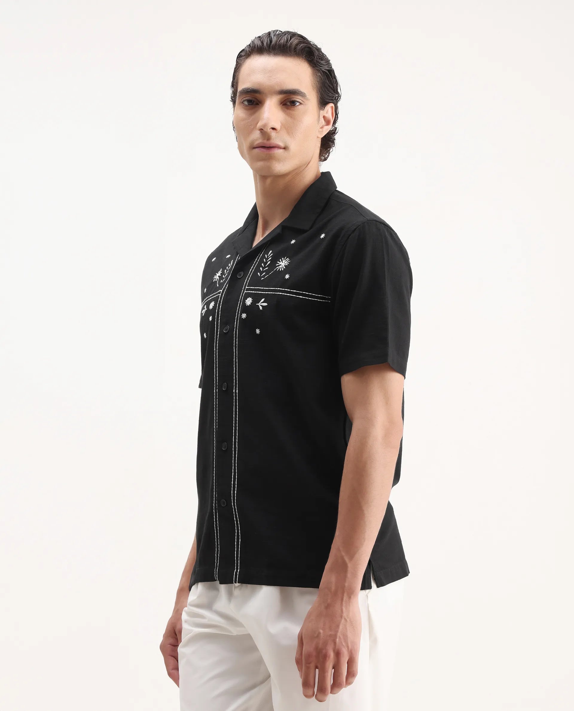 Rare Rabbit Men's Gwen Black Viscose Embroidered Boxy Fit Half Sleeve Cuban Collar Shirt