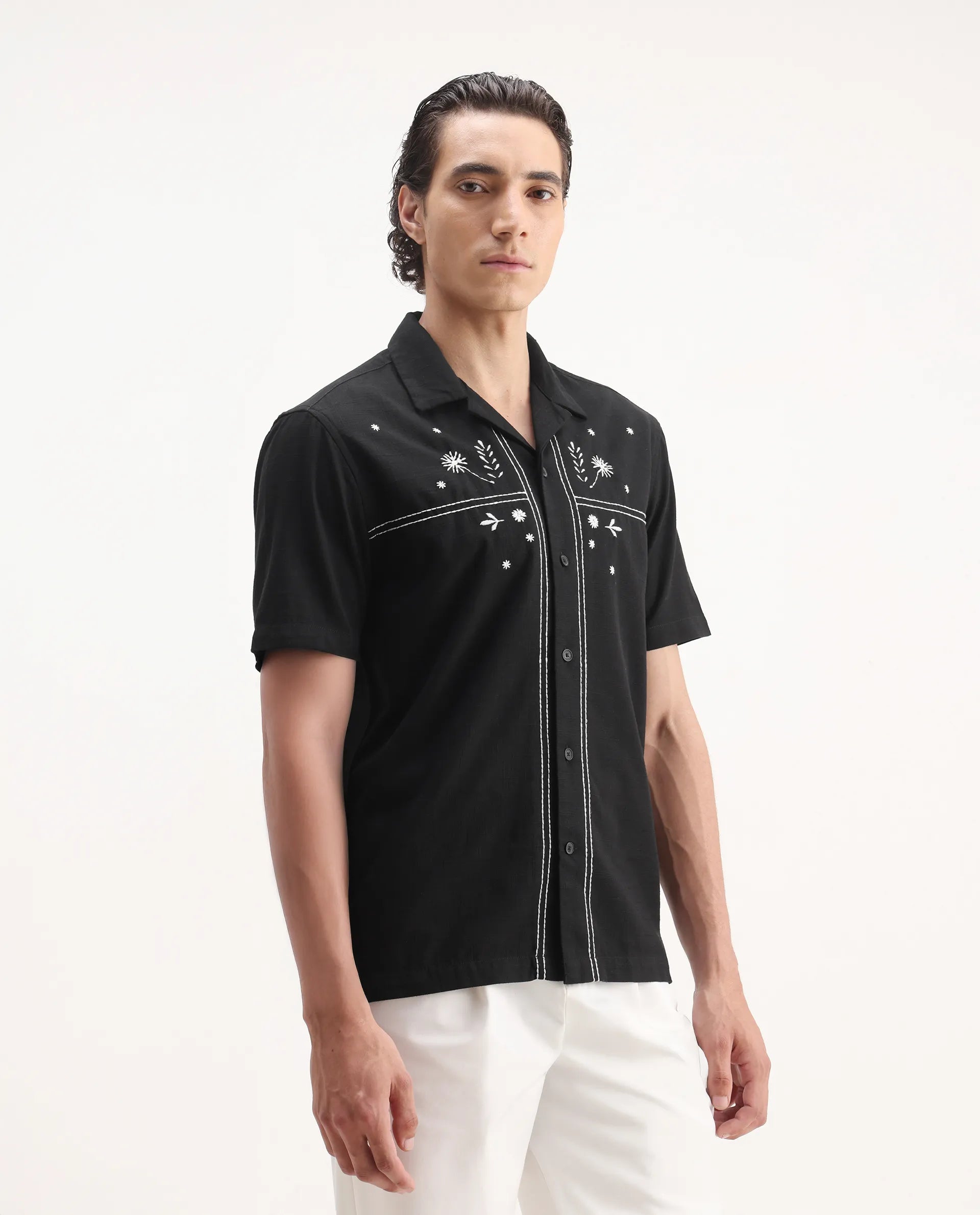 Rare Rabbit Men's Gwen Black Viscose Embroidered Boxy Fit Half Sleeve Cuban Collar Shirt