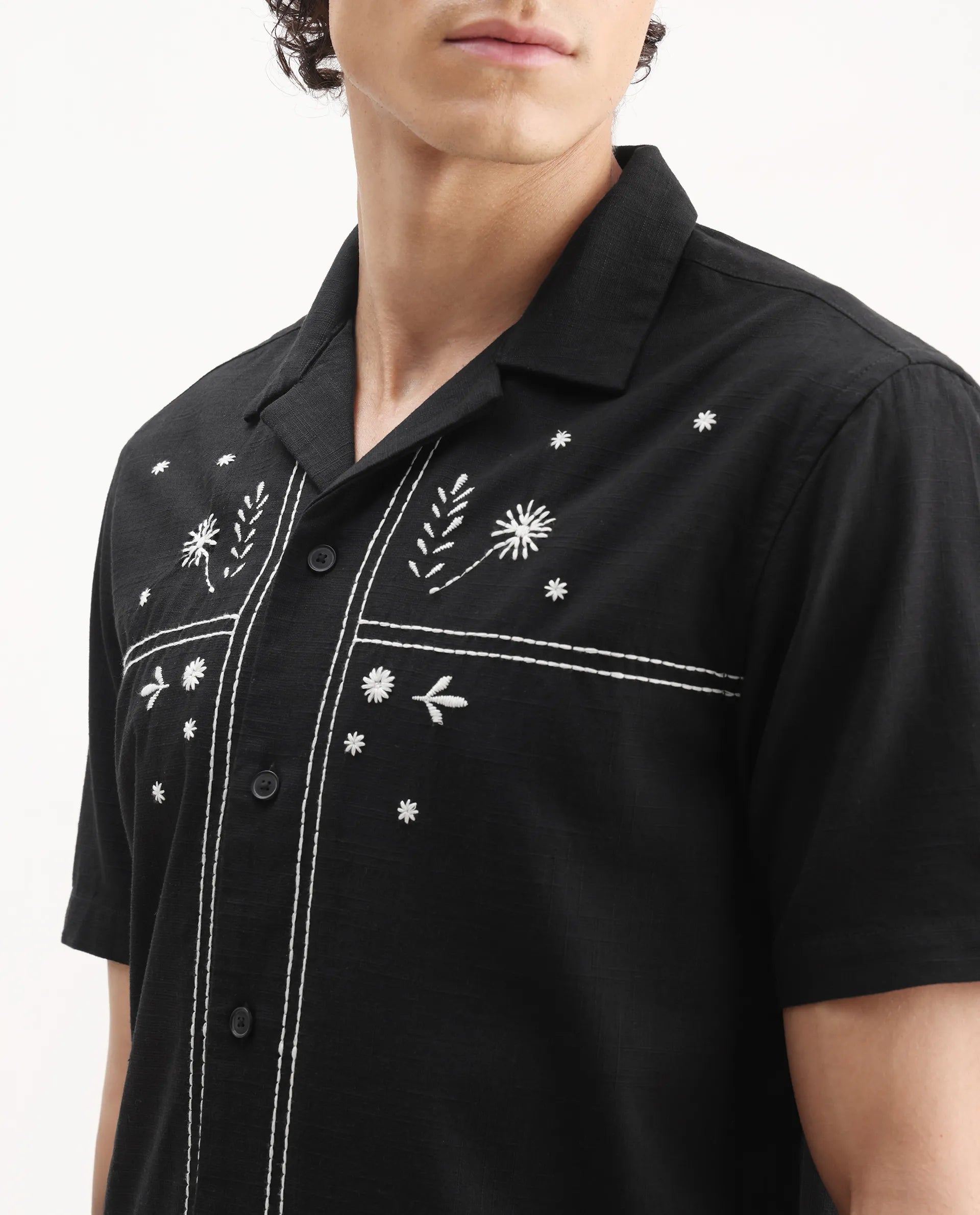 Rare Rabbit Men's Gwen Black Viscose Embroidered Boxy Fit Half Sleeve Cuban Collar Shirt